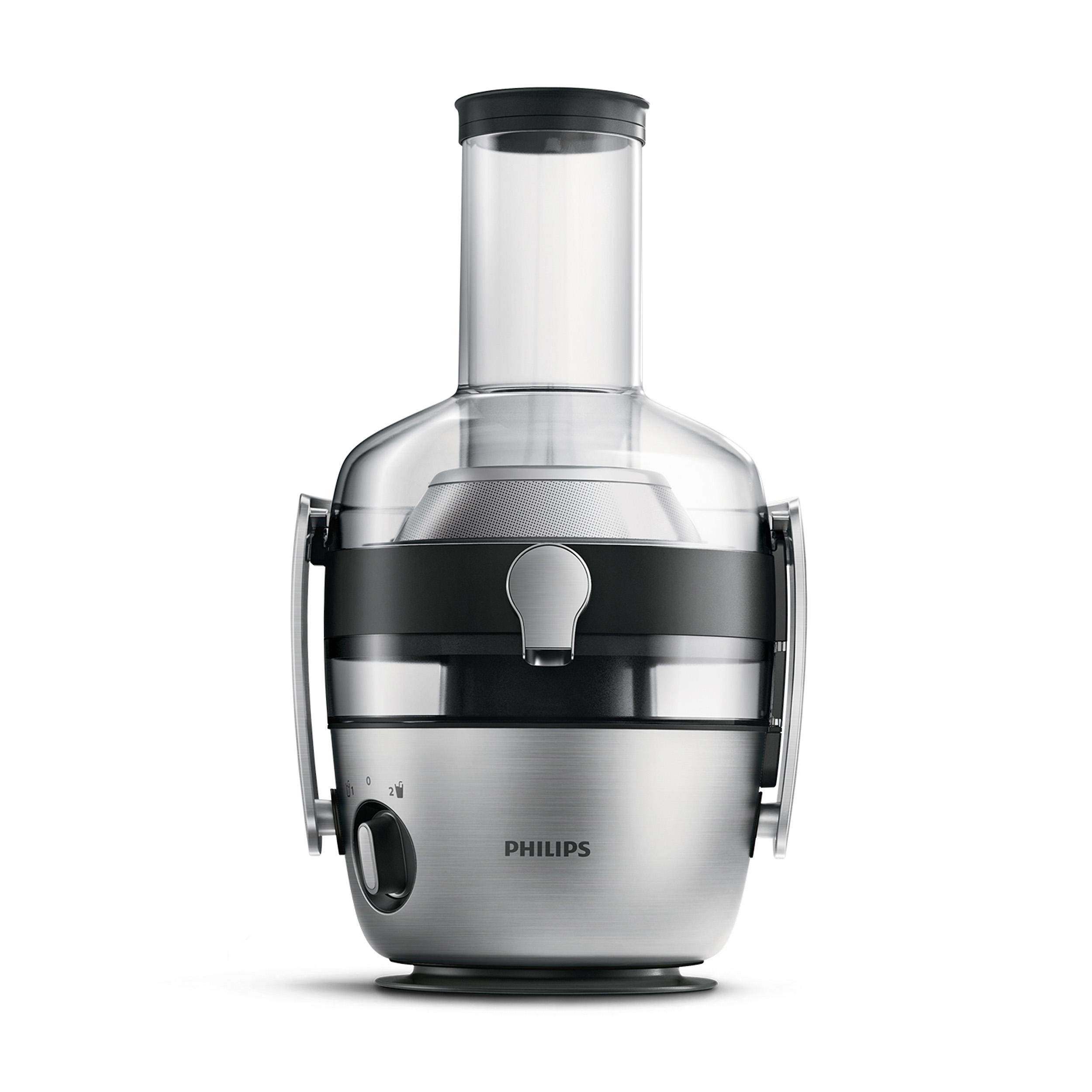 Silberner Philips Entsafter mit transparentem Behälter und schwarzem Deckel.