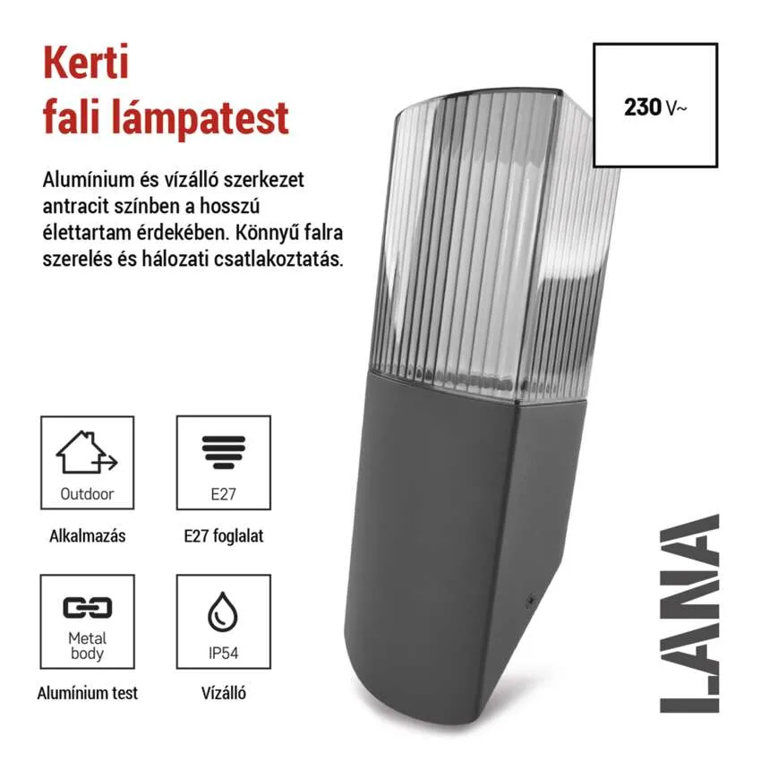 Antracit kerti fali lámpatest, alumínium, E27, IP54, 230V.