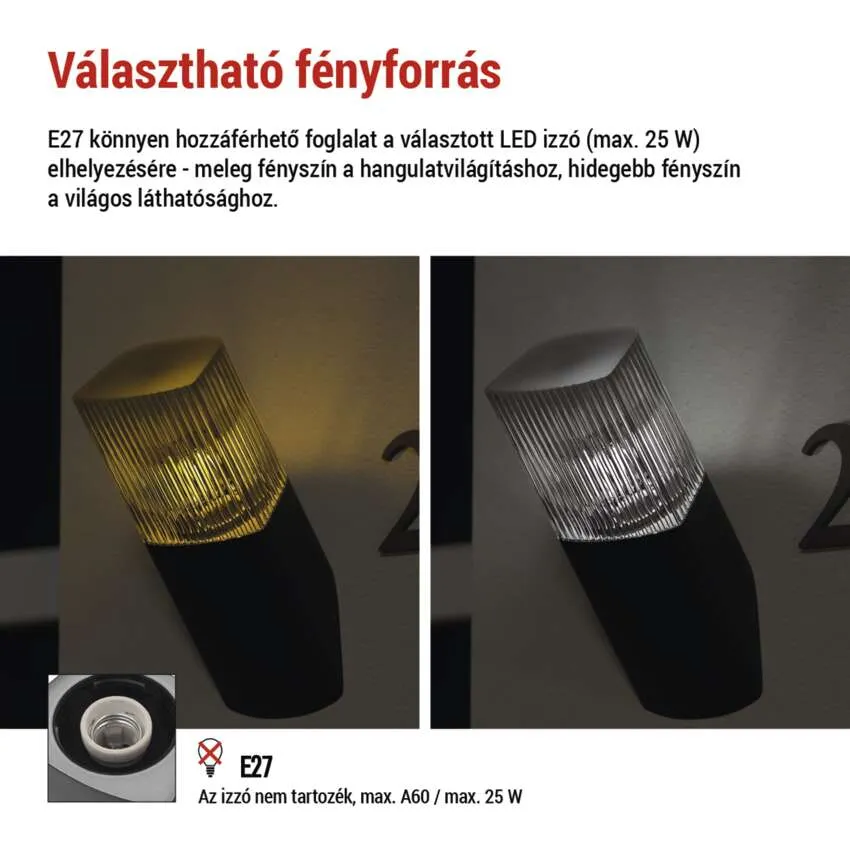 Két E27 foglalatú lámpa: meleg és hideg fehér fény. Max. 25W.