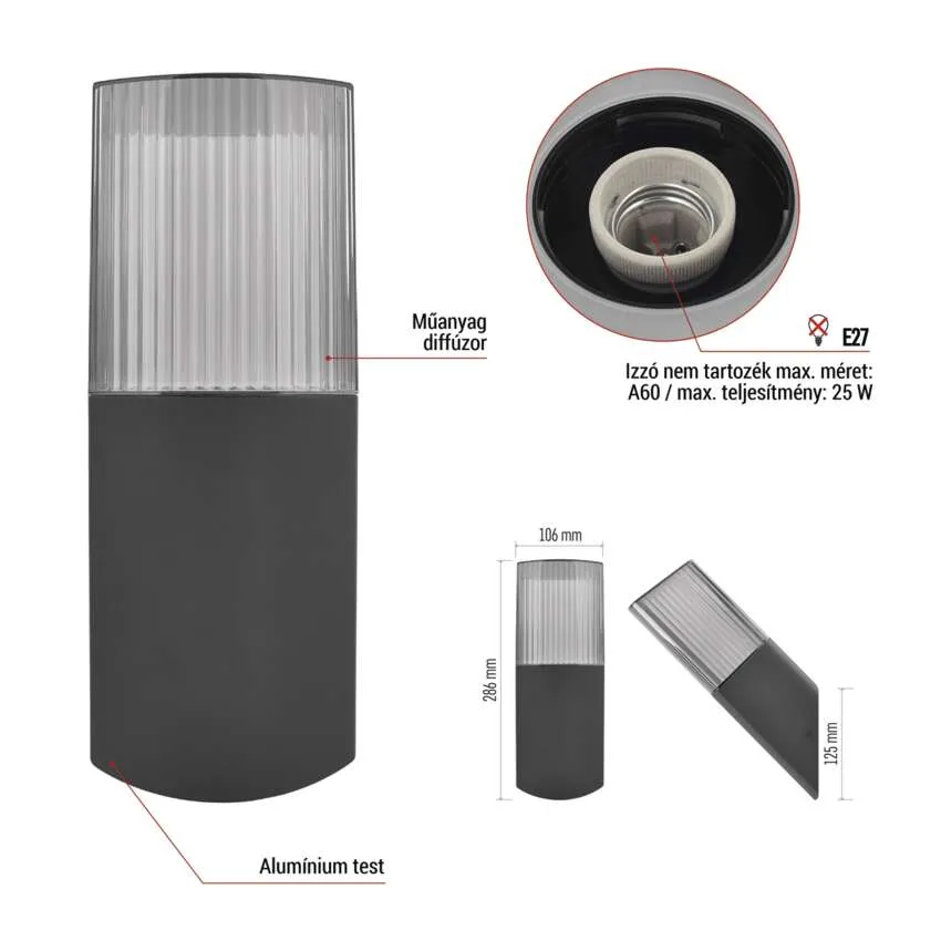 Sötétszürke lámpa bordázott, átlátszó műanyag diffúzorral. Méretek: 286mm M x 106mm SZ.