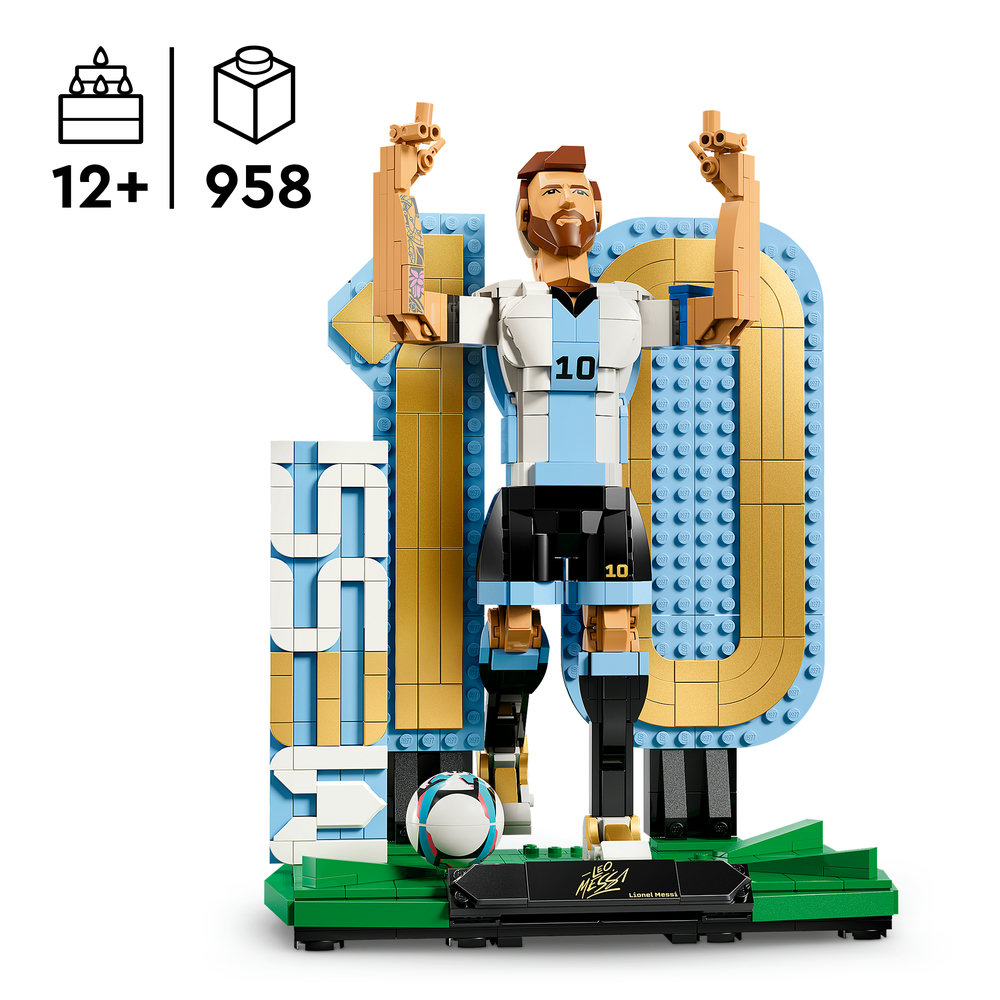 Ein Lego-Modell von Lionel Messi in seinem Fußballtrikot mit der Nummer 10.