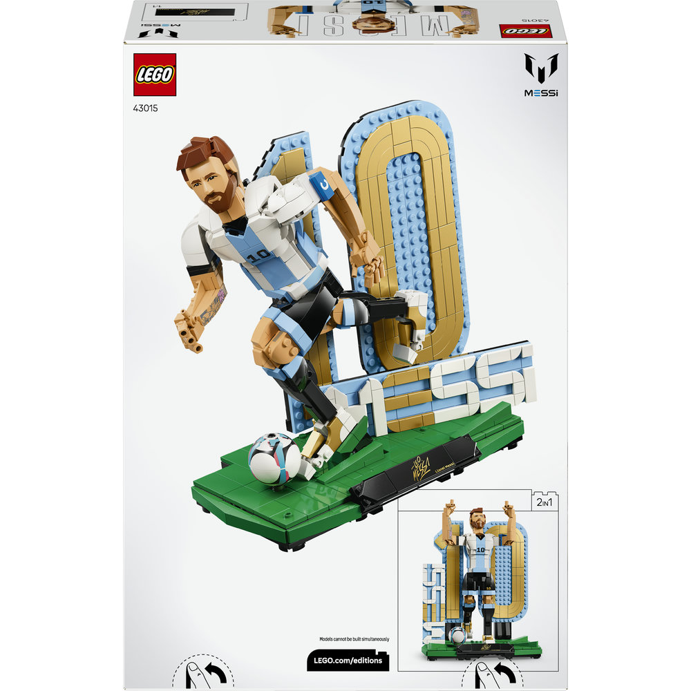 LEGO-Modell von Lionel Messi in Aktion mit Fußball, Hintergrund mit "10 Messi".