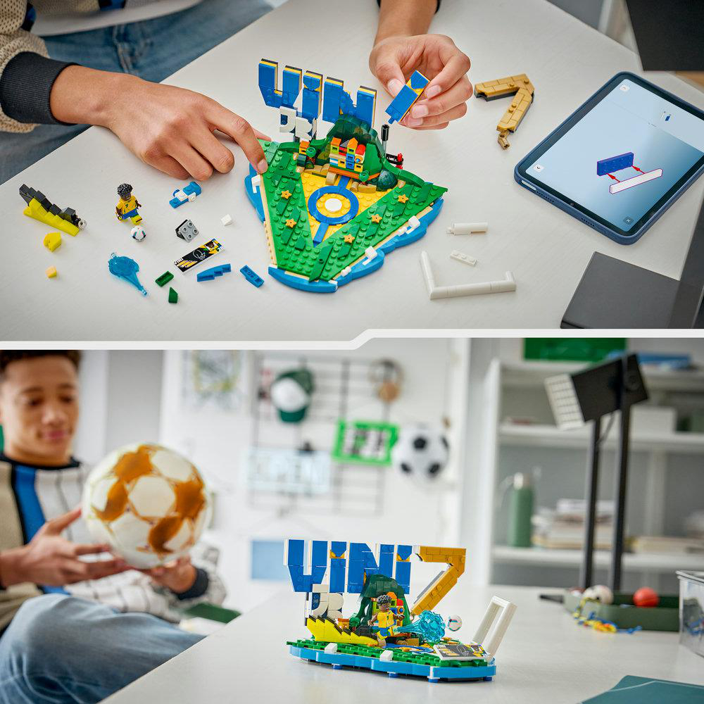 Oben: Person baut ein LEGO-Fußballset. Unten: Person hält einen Fußball.