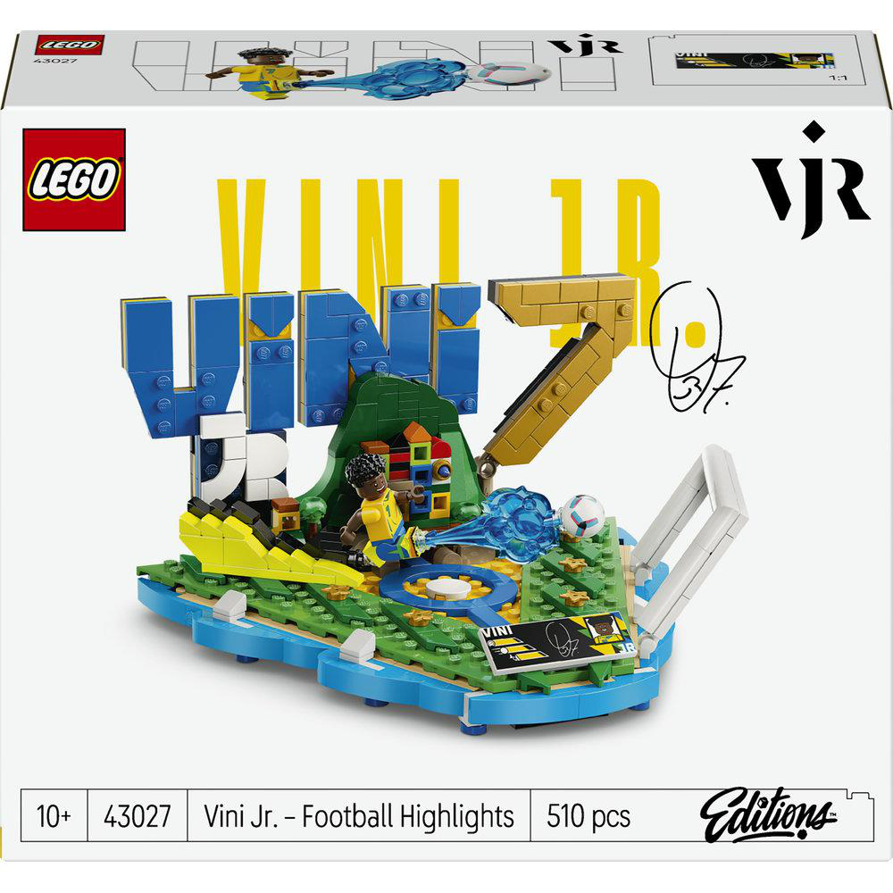 LEGO Vini Jr. Fußball-Highlights Set mit Minifigur, Fußball und blauer Energie-Effekt.