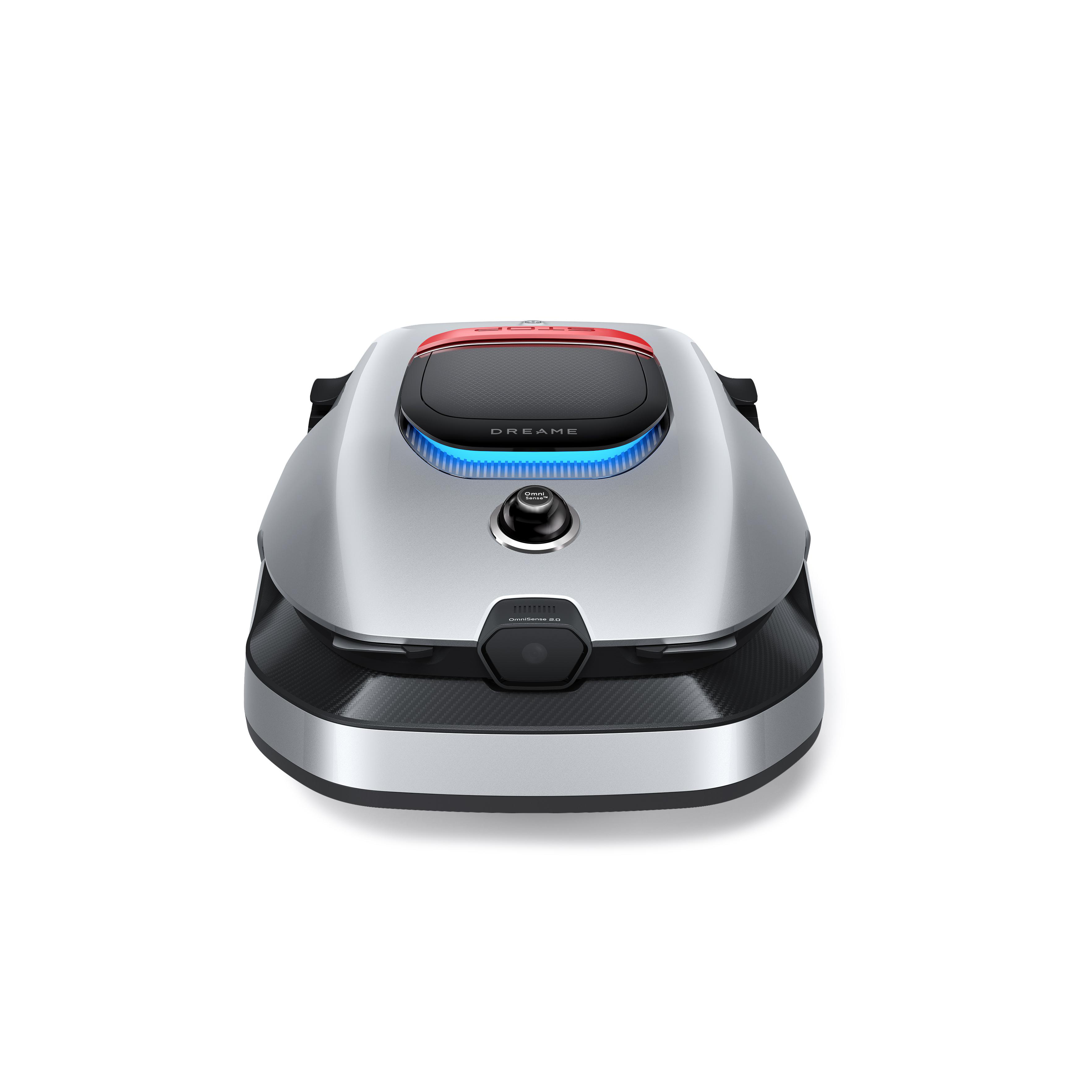 Silberner Rasenmäher-Roboter mit rotem Akzent und blauer Beleuchtung.