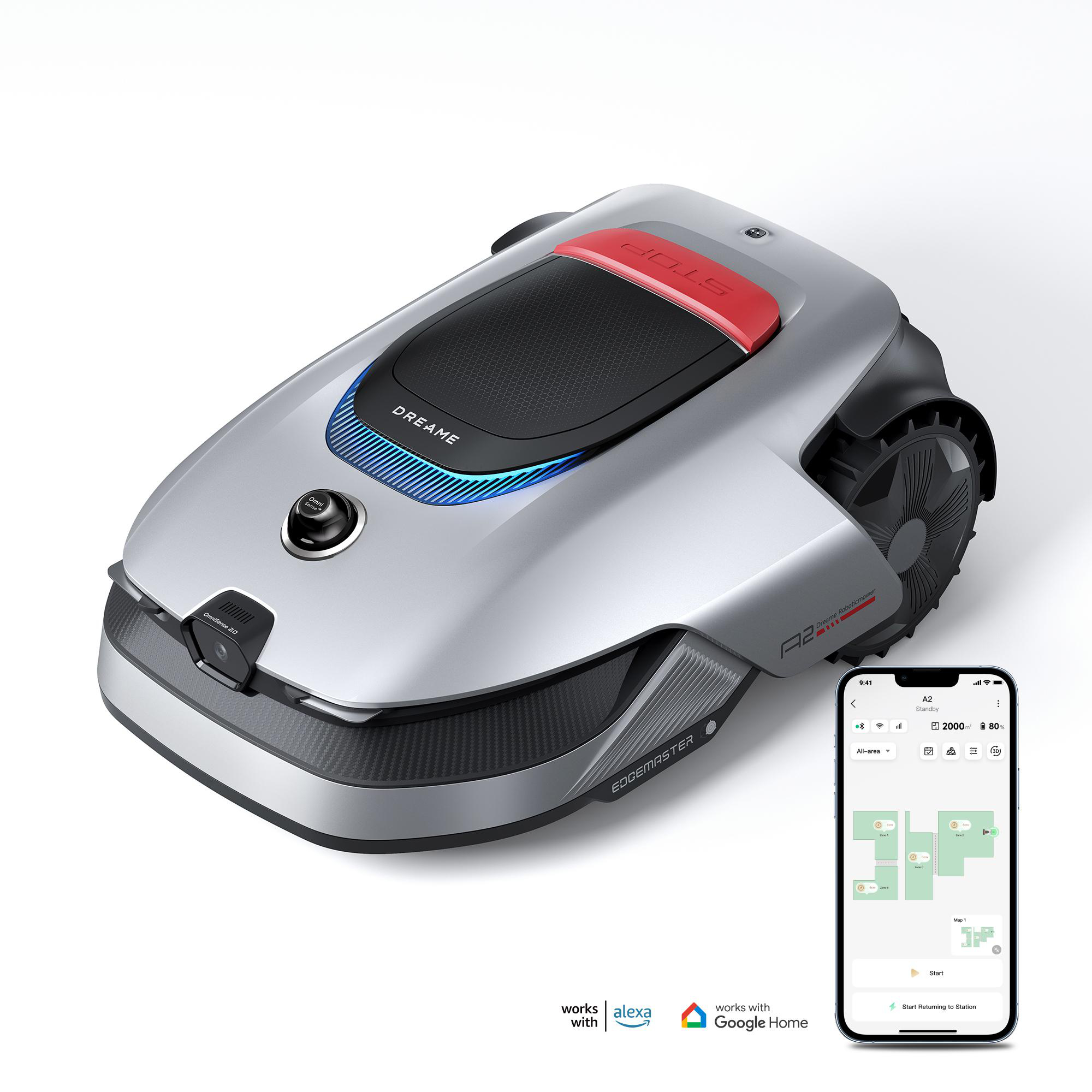 Ein silberner Mähroboter steht neben einem Smartphone mit einer Rasenkarte.