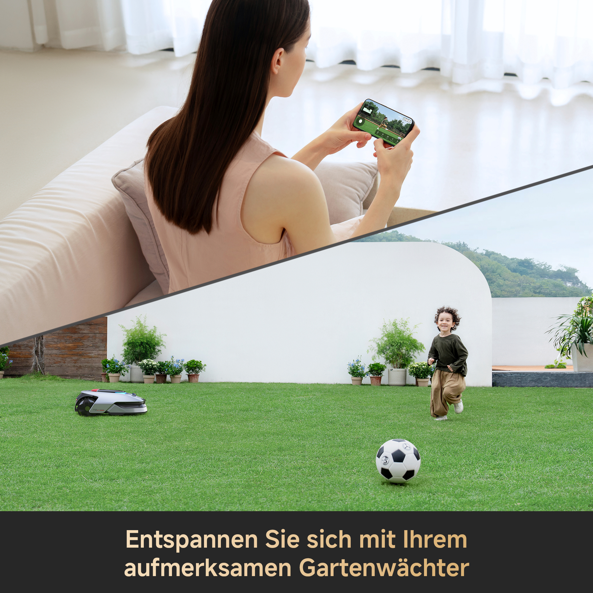 Frau schaut auf Handy, Junge rennt im Garten mit Rasenmäher und Ball.