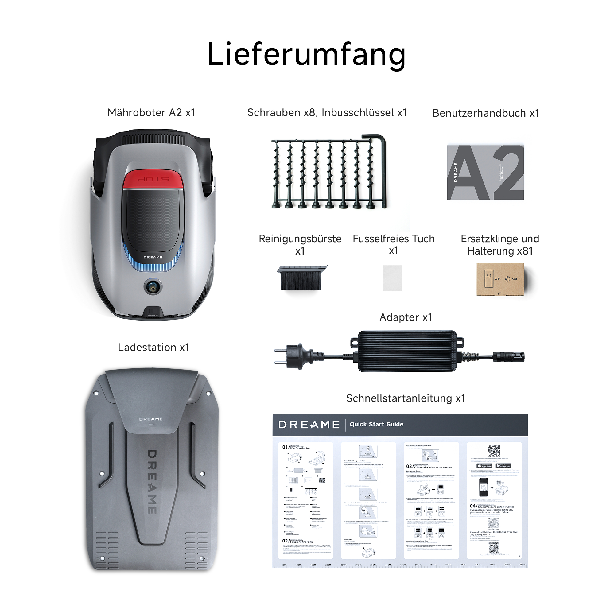 Lieferumfang des Mähroboters A2: Roboter, Ladestation, Schrauben, Inbusschlüssel, Bürsten, Tuch, Klingen, Adapter, Handbuch.