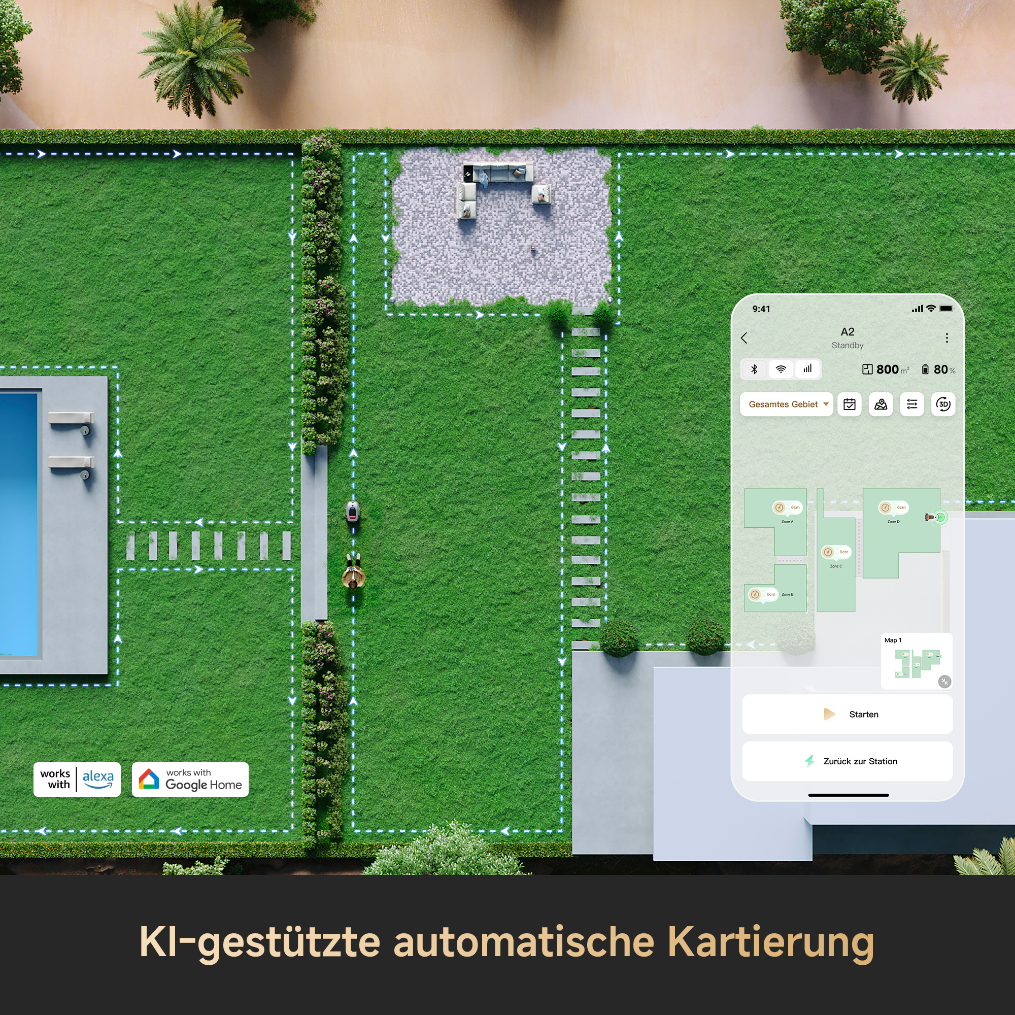 Garten mit Pool, Terrasse, Rasen, Mähroboter und App-Ansicht.