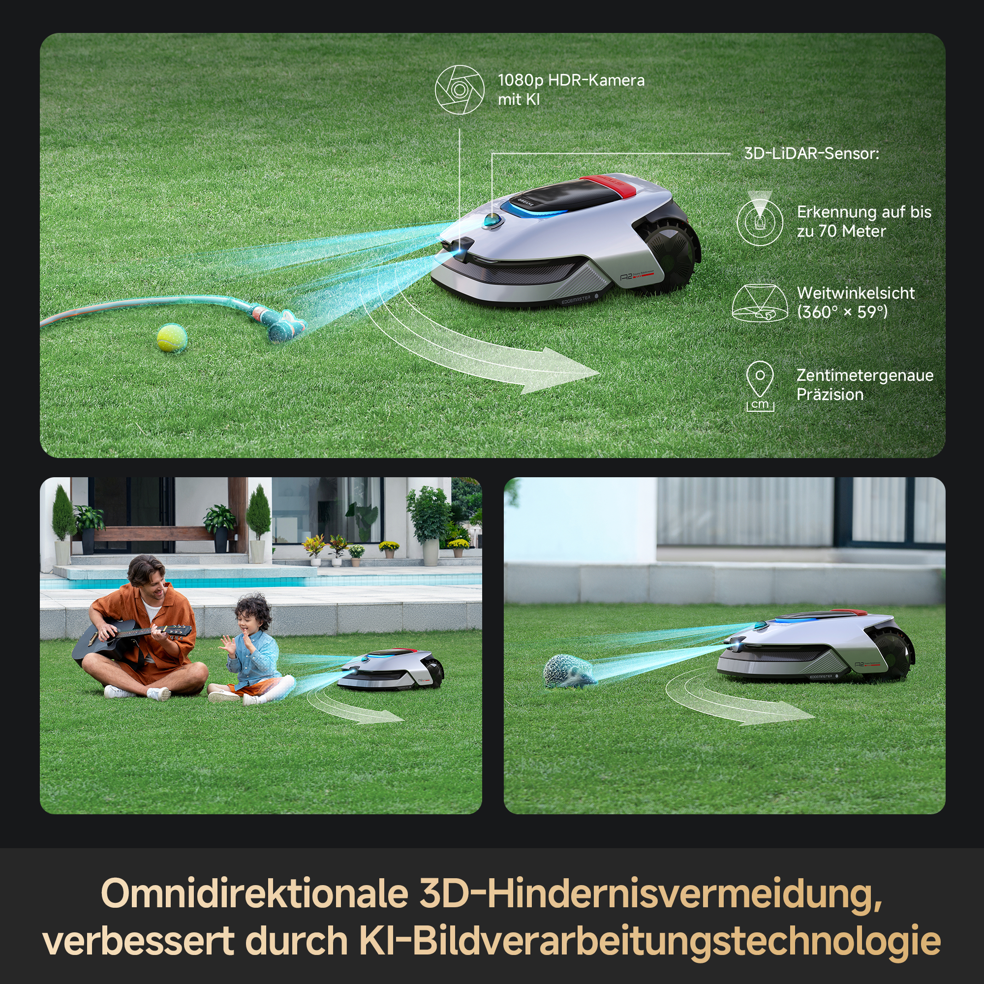 Ein Rasenmähroboter mit KI-Kamera und 3D-LIDAR-Sensor auf einem Rasen.