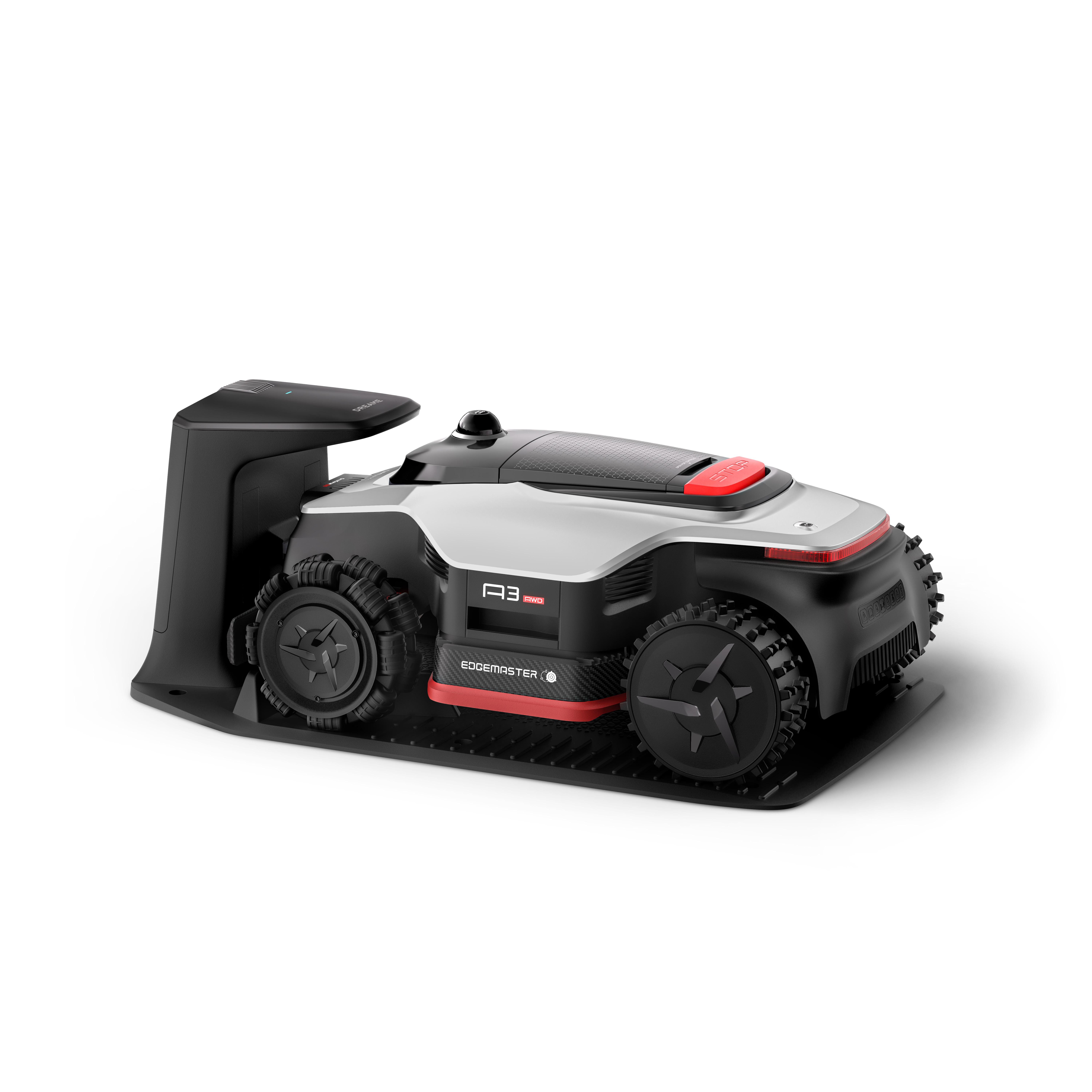 Ein weißer und schwarzer Mähroboter mit roten Akzenten und großen Rädern.