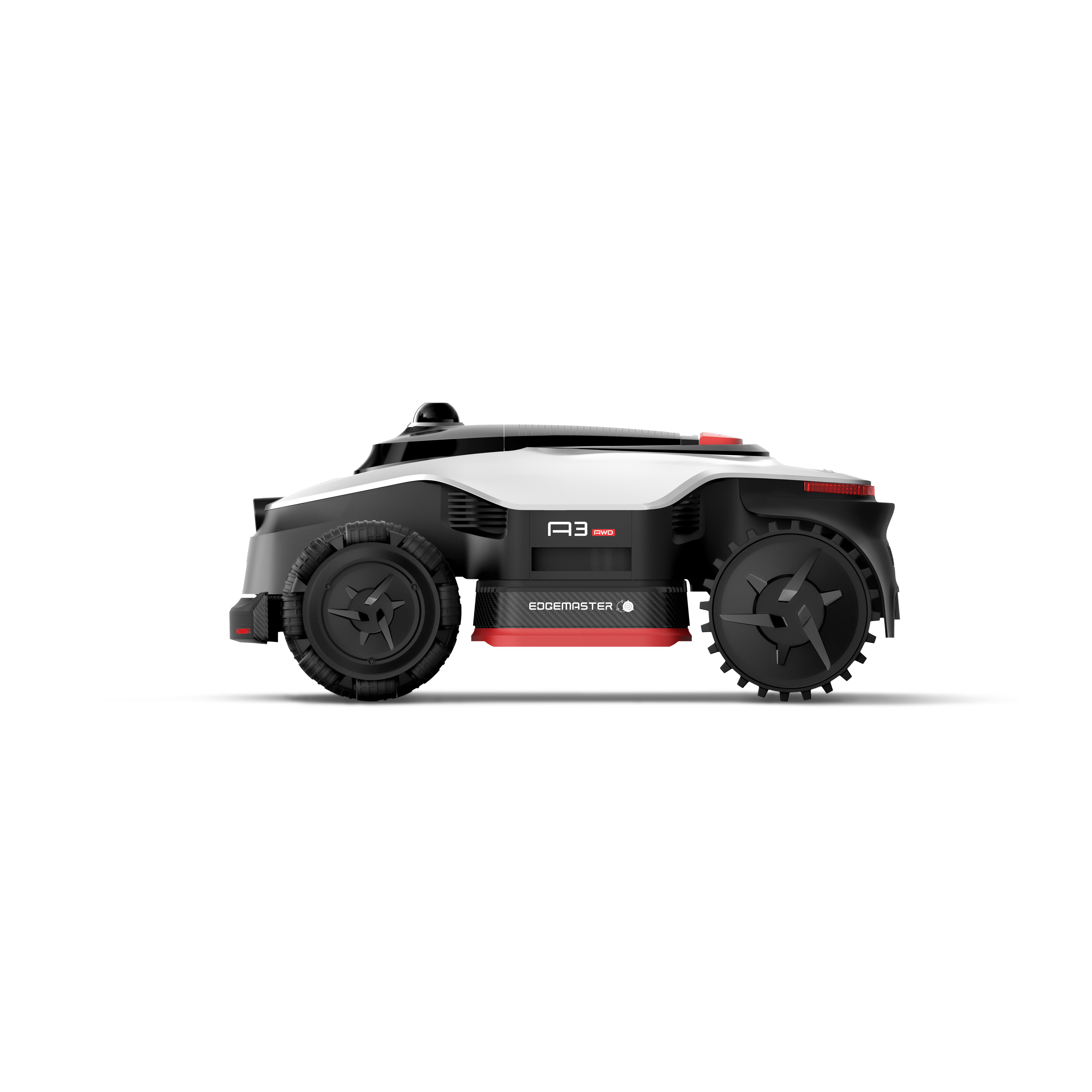 Ein weißer und schwarzer Rasenmähroboter mit roten Akzenten steht auf weißem Grund.