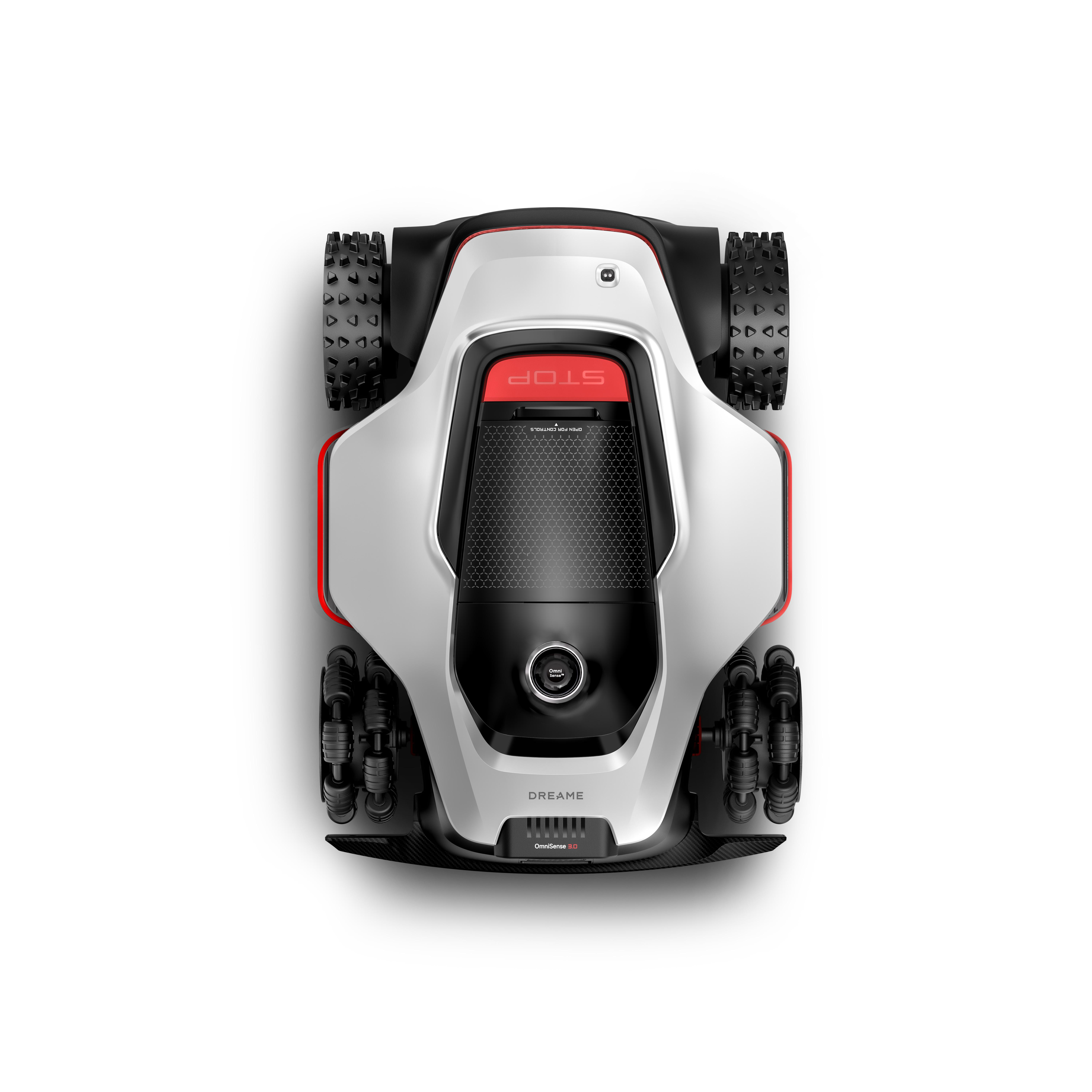 Ein weißer und schwarzer Rasenmähroboter mit roten Akzenten und großen Rädern.