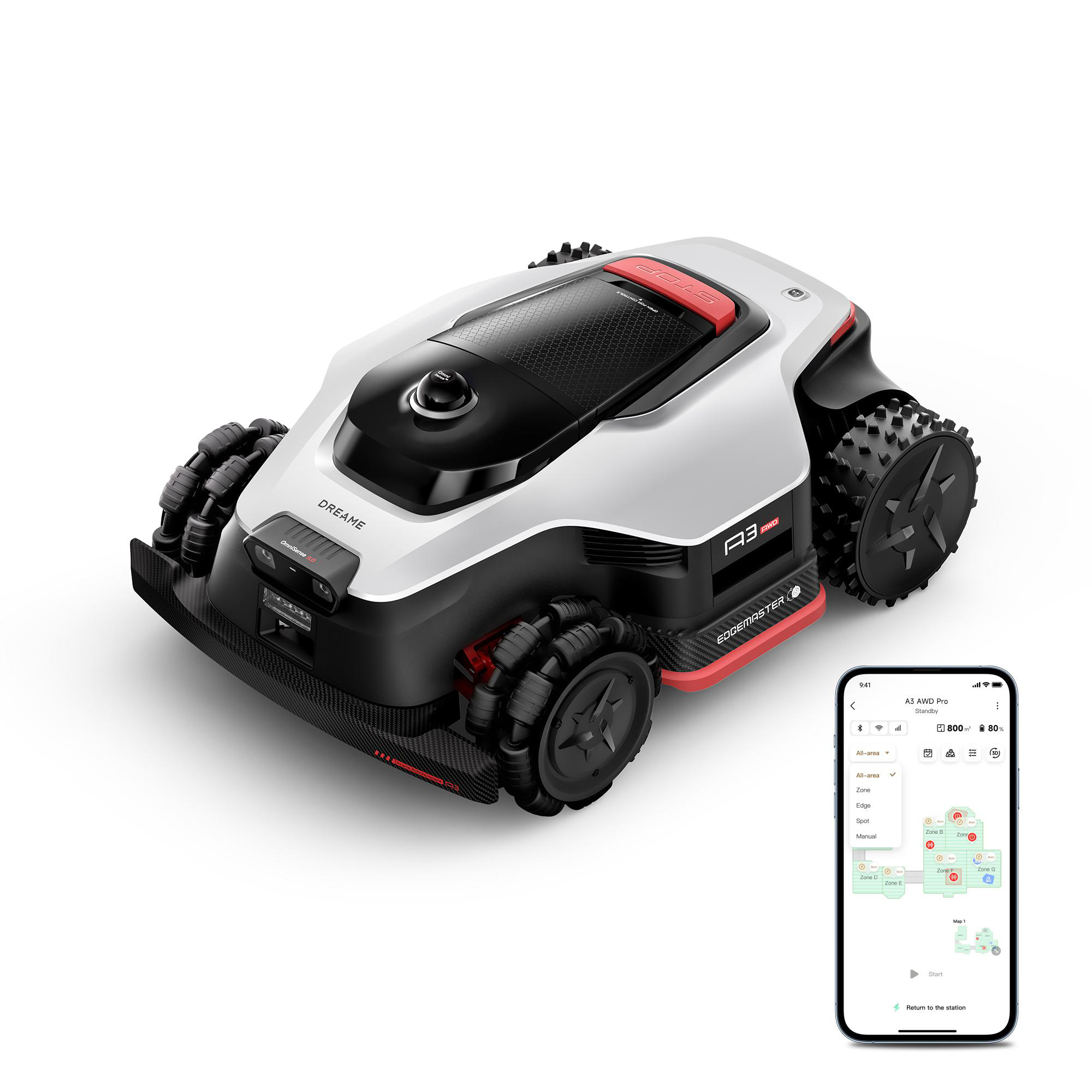 Ein weißer, rechteckiger Mähroboter mit schwarzen und roten Akzenten steht neben einem Smartphone.