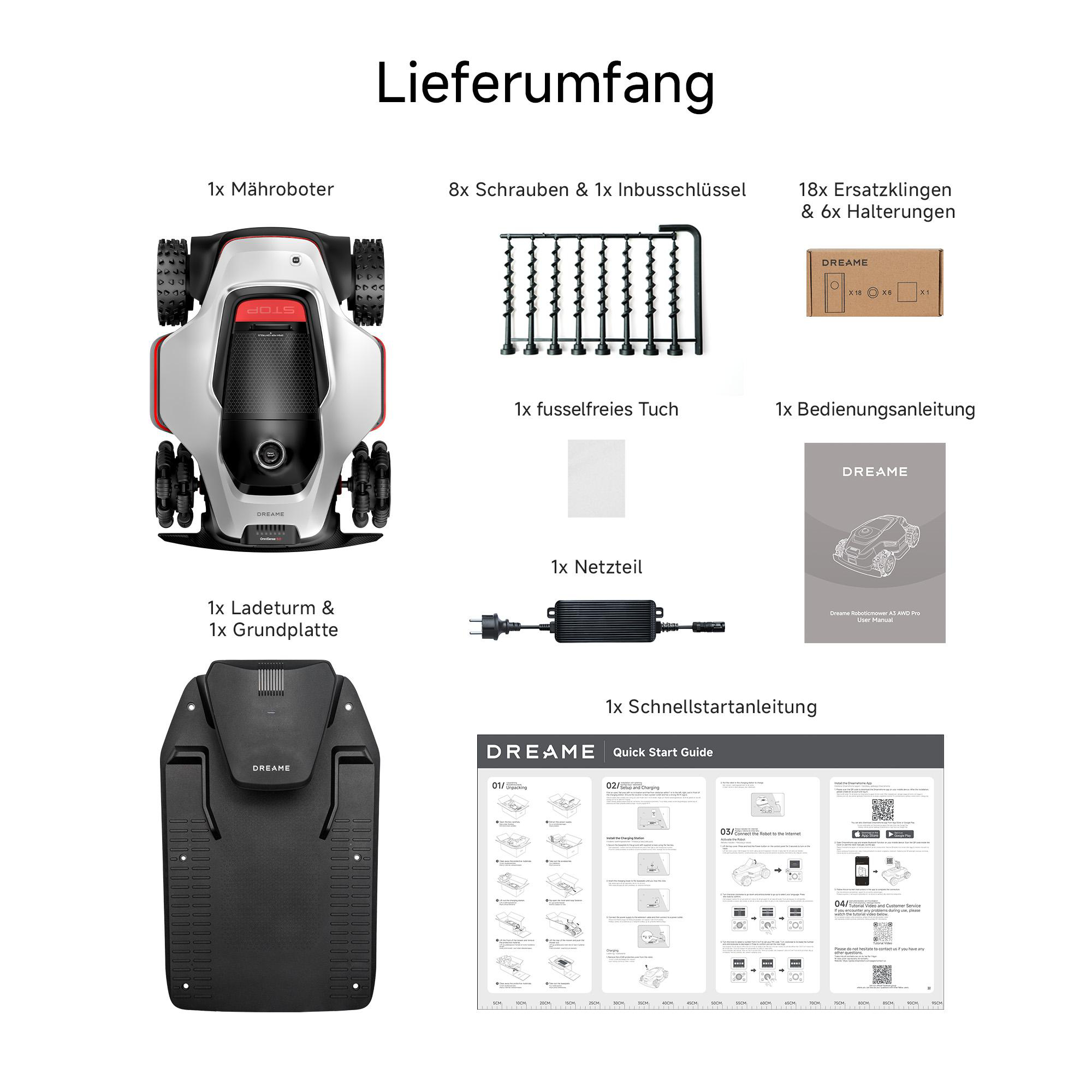 Lieferumfang: Mähroboter, Ladestation, Schrauben, Klingen, Anleitung.