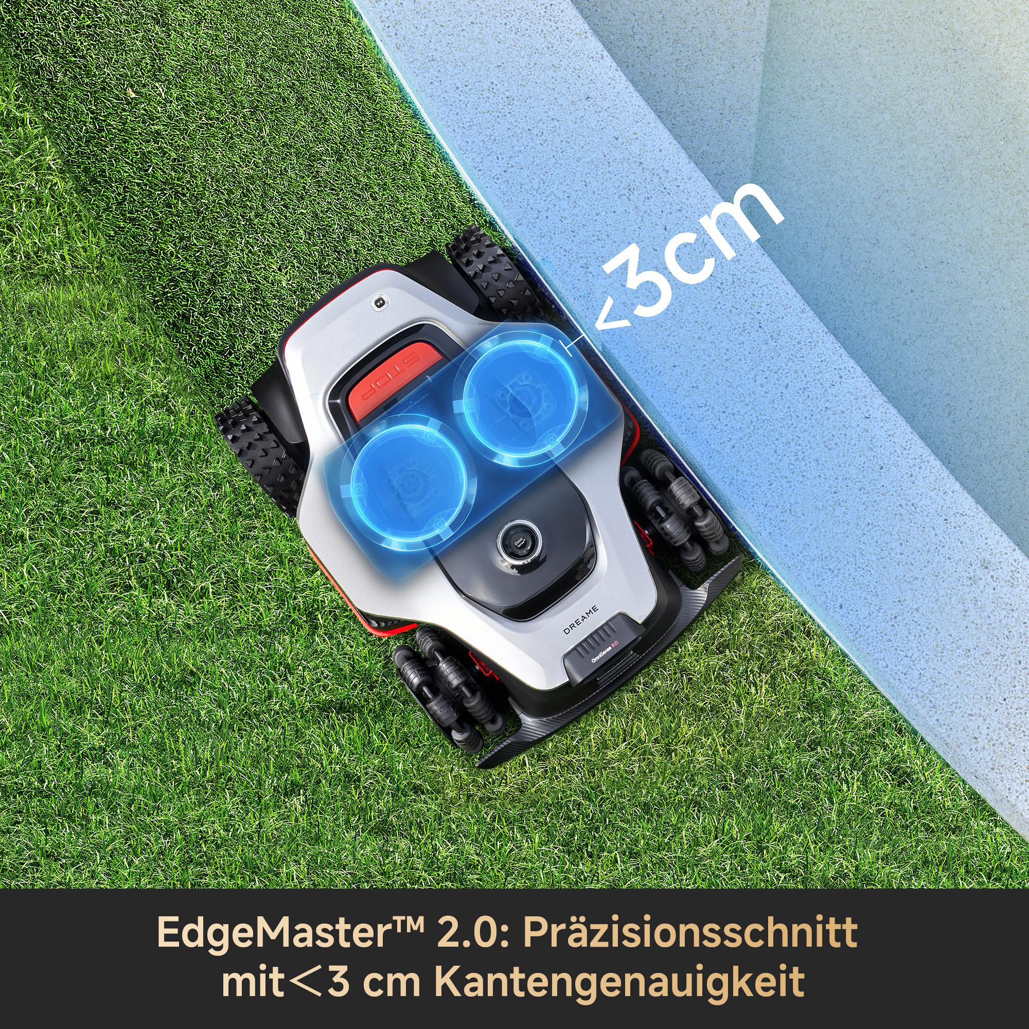 Ein Mähroboter mäht Gras nahe einer Kante mit <lt/>3cm Abstand.