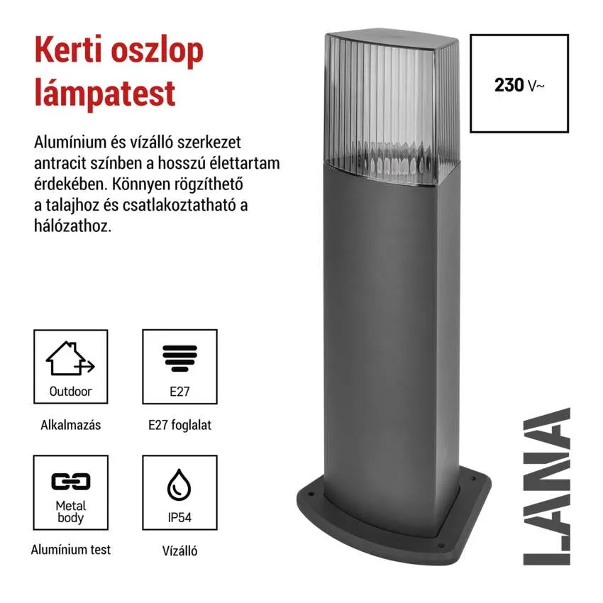 Sötét antracit színű kültéri lámpa átlátszó tetővel, talapzatra szerelve.