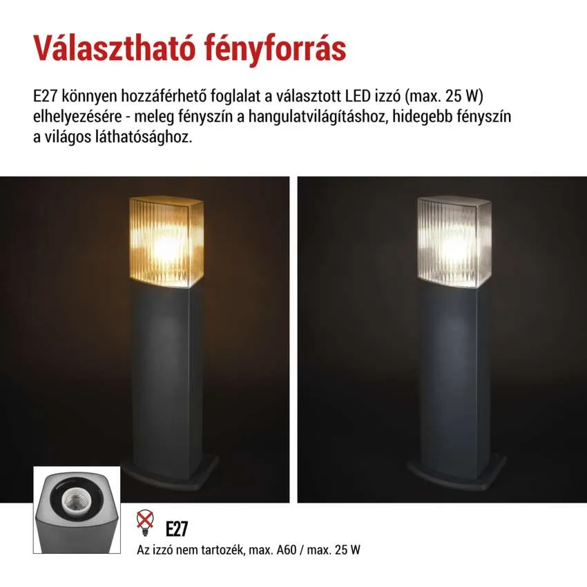 Két kültéri lámpa üveg fedővel. Az egyik meleg, a másik hideg fényt bocsát ki.