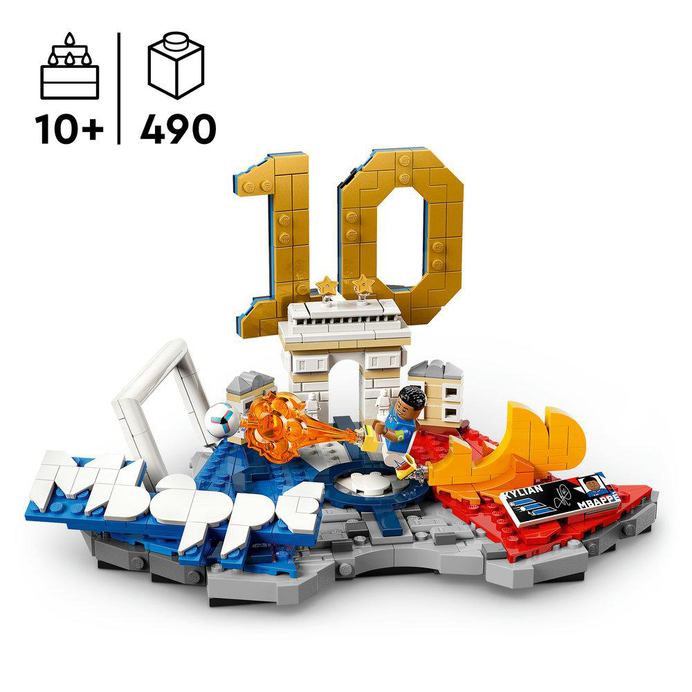 Lego-Set mit Kylian-Mbappé-Figur, Triumphbogen, Nummer 10 und Fußballelementen.