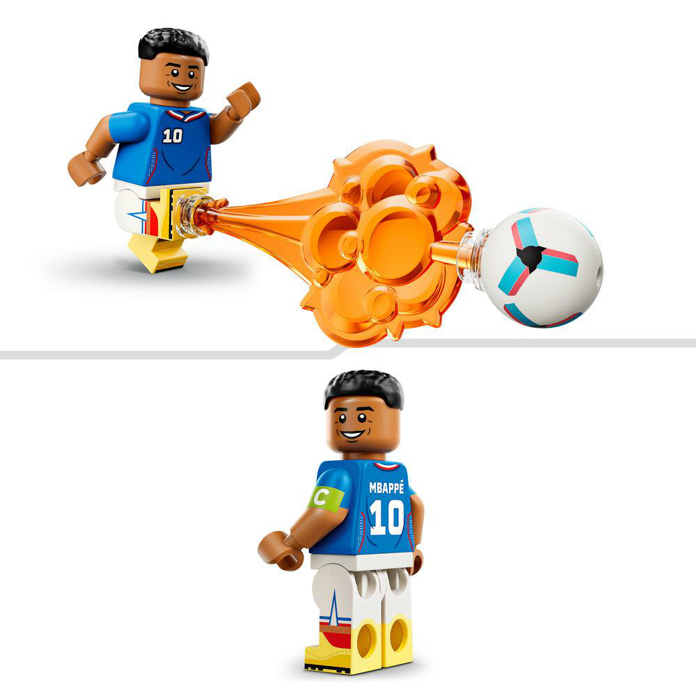 Fußball-Minifigur mit Ball und orangefarbenem Schuss-Effekt.
