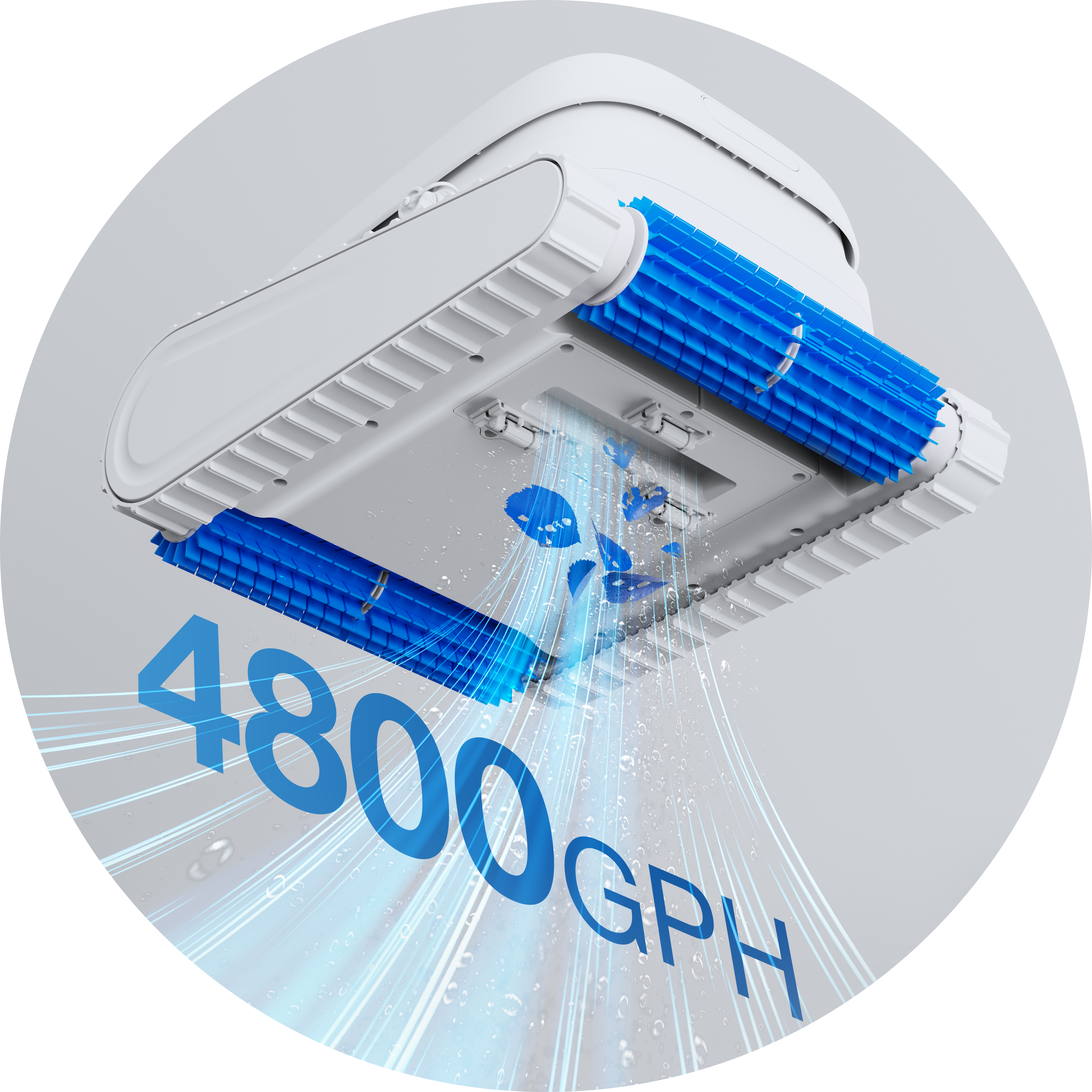 Ein weißer Poolreiniger mit blauen Bürsten spritzt Wasser. 4800 GPH.