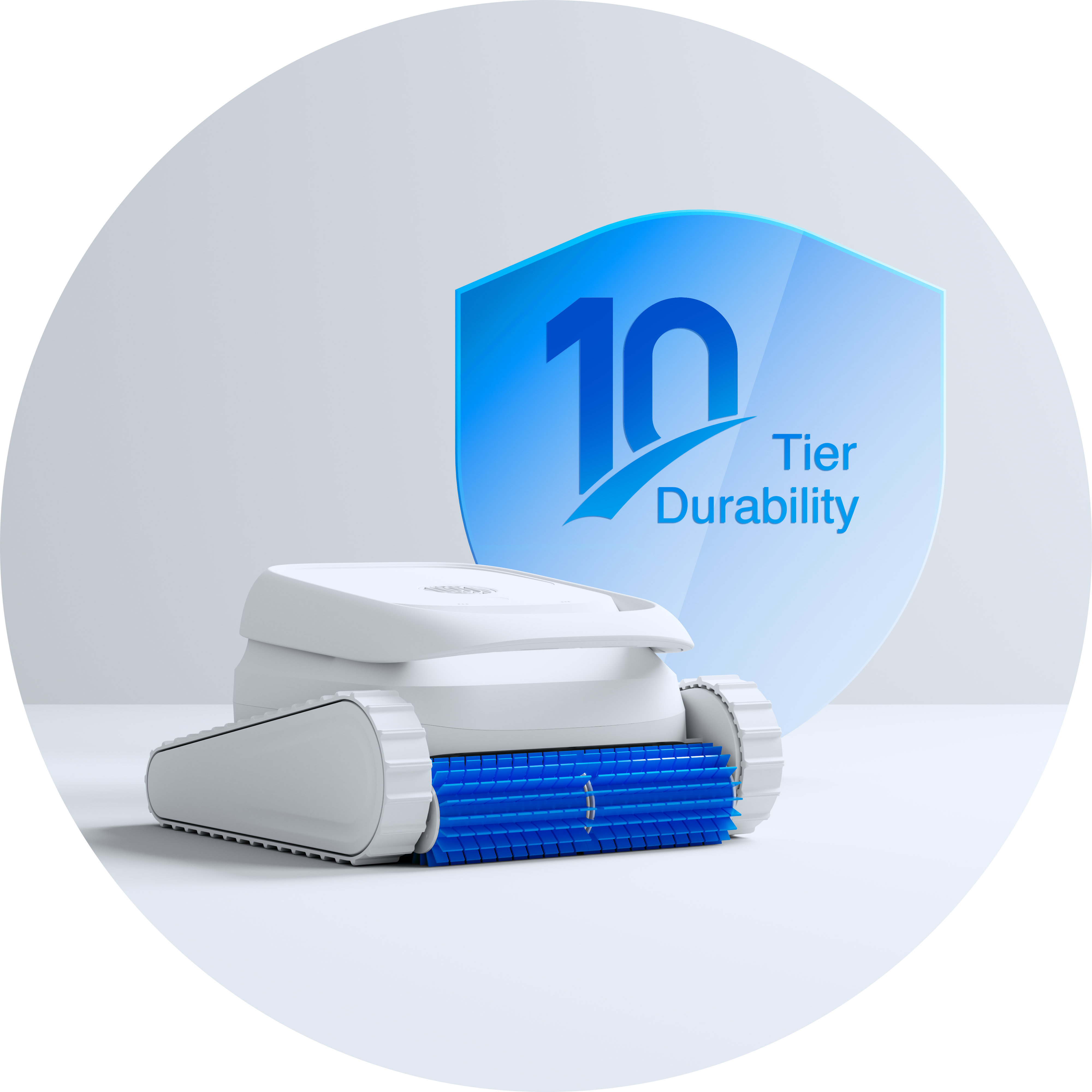 Ein weißer Poolreiniger mit blauer Bürste steht vor einem blauen Schild mit der Aufschrift '10 Tier Durability'.