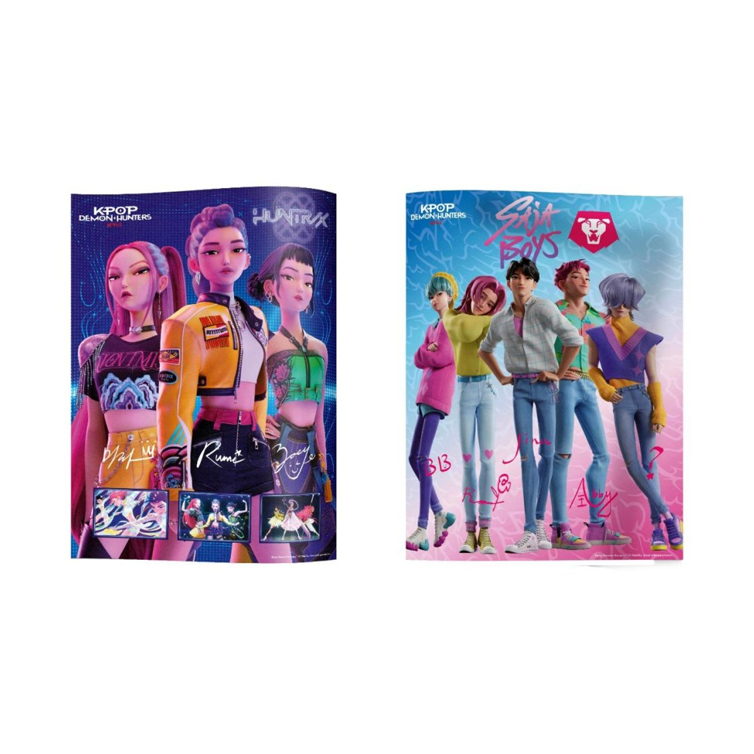 Tre ragazze cacciatrici di demoni K-pop e cinque ragazzi K-pop in stile artistico.