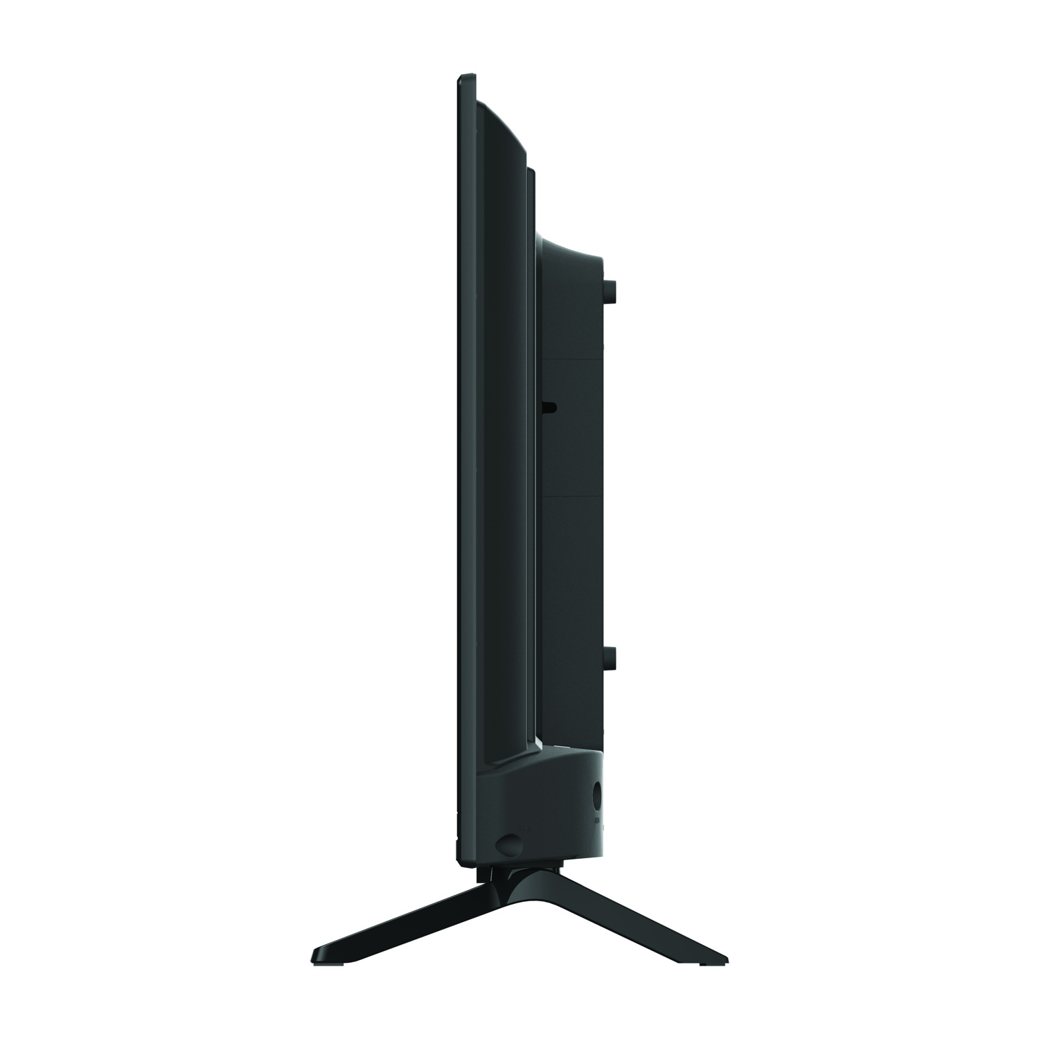 TV nero a schermo piatto con cornice stretta e supporto, visto di lato.