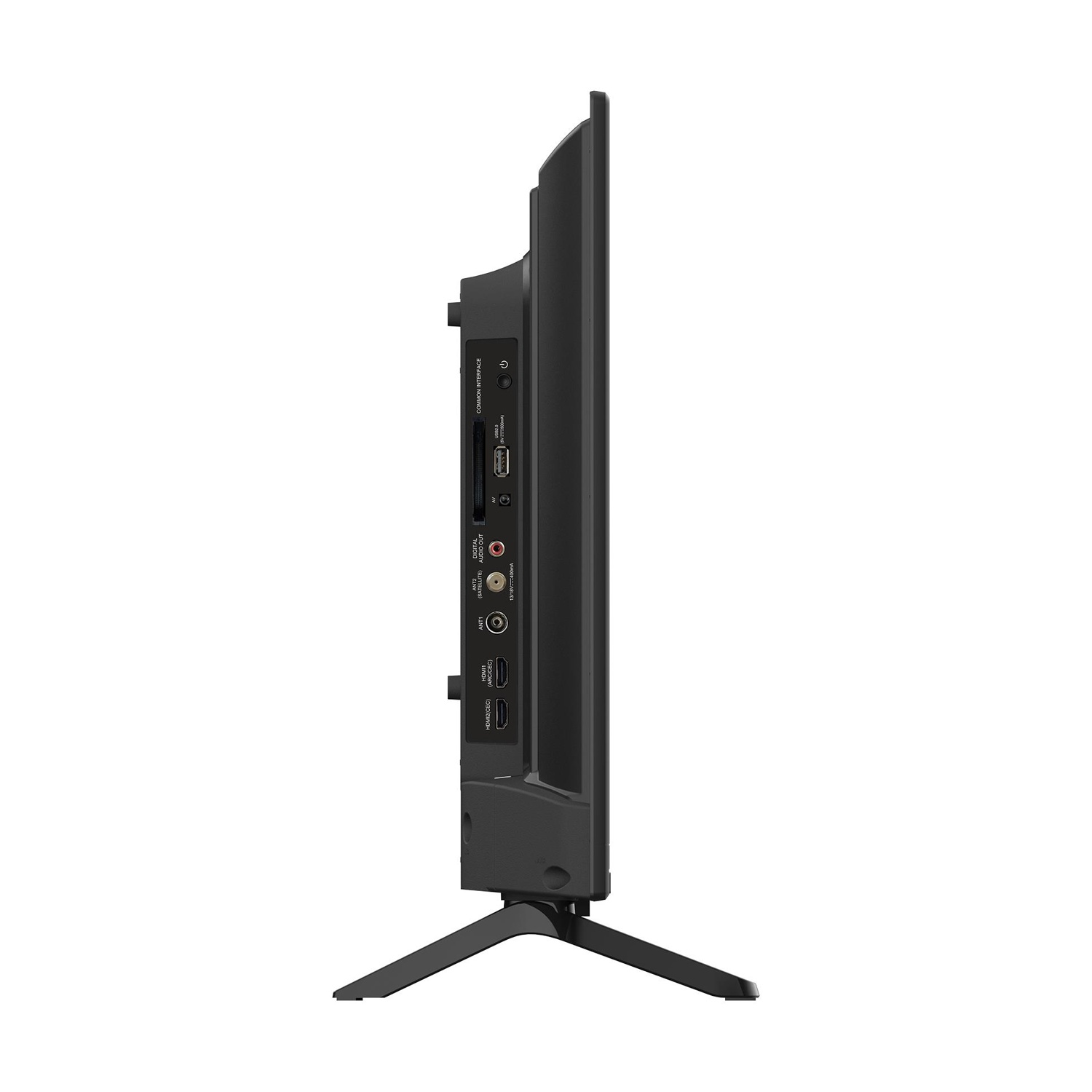 Vista laterale di una TV nera con porte e supporto.