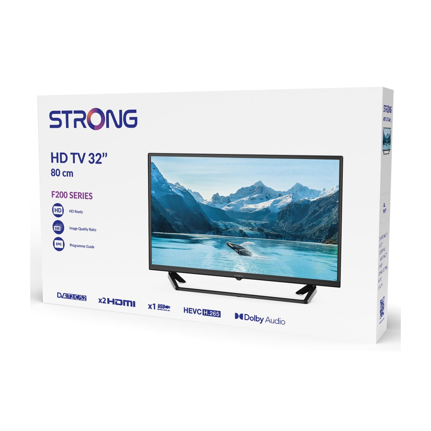 Confezione di un TV STRONG HD da 32 pollici con paesaggio montano.