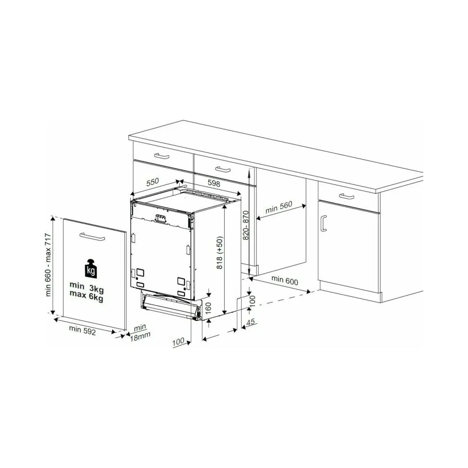 Disegno di installazione lavastoviglie con dimensioni. Porta sinistra con simbolo kg.