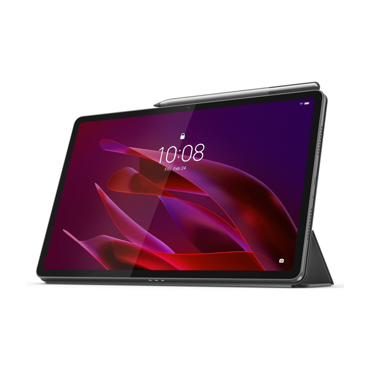 Un tablet grigio con stilo, su un supporto scuro. Mostra le 10:08.