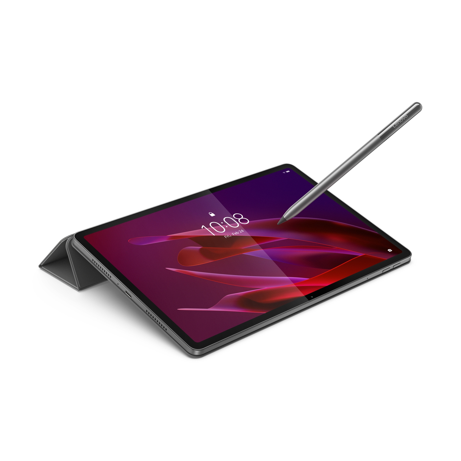 Uno stilo grigio poggia su un tablet con ora e sfondo astratto scuro.