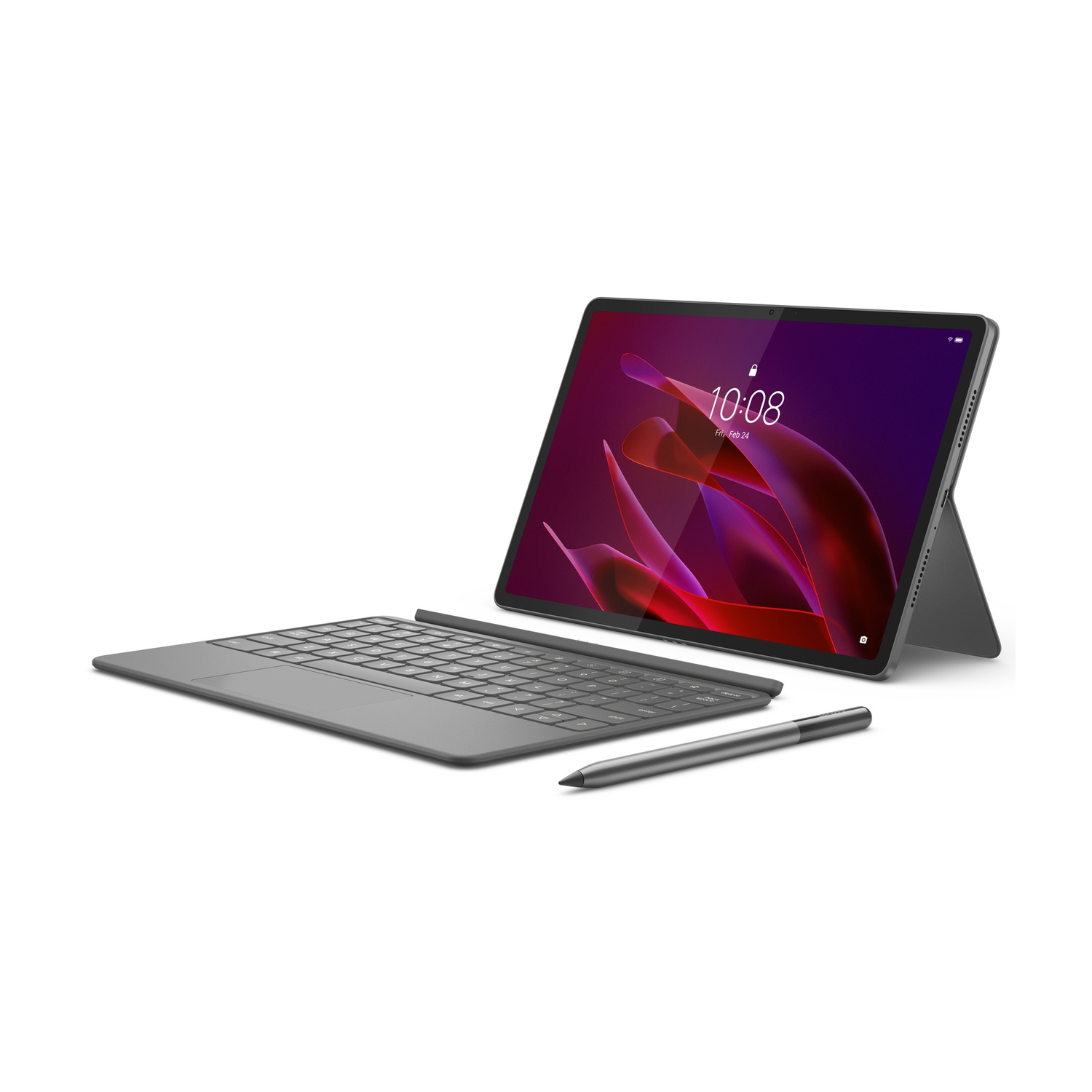 Un tablet grigio con tastiera e stilo su sfondo bianco.