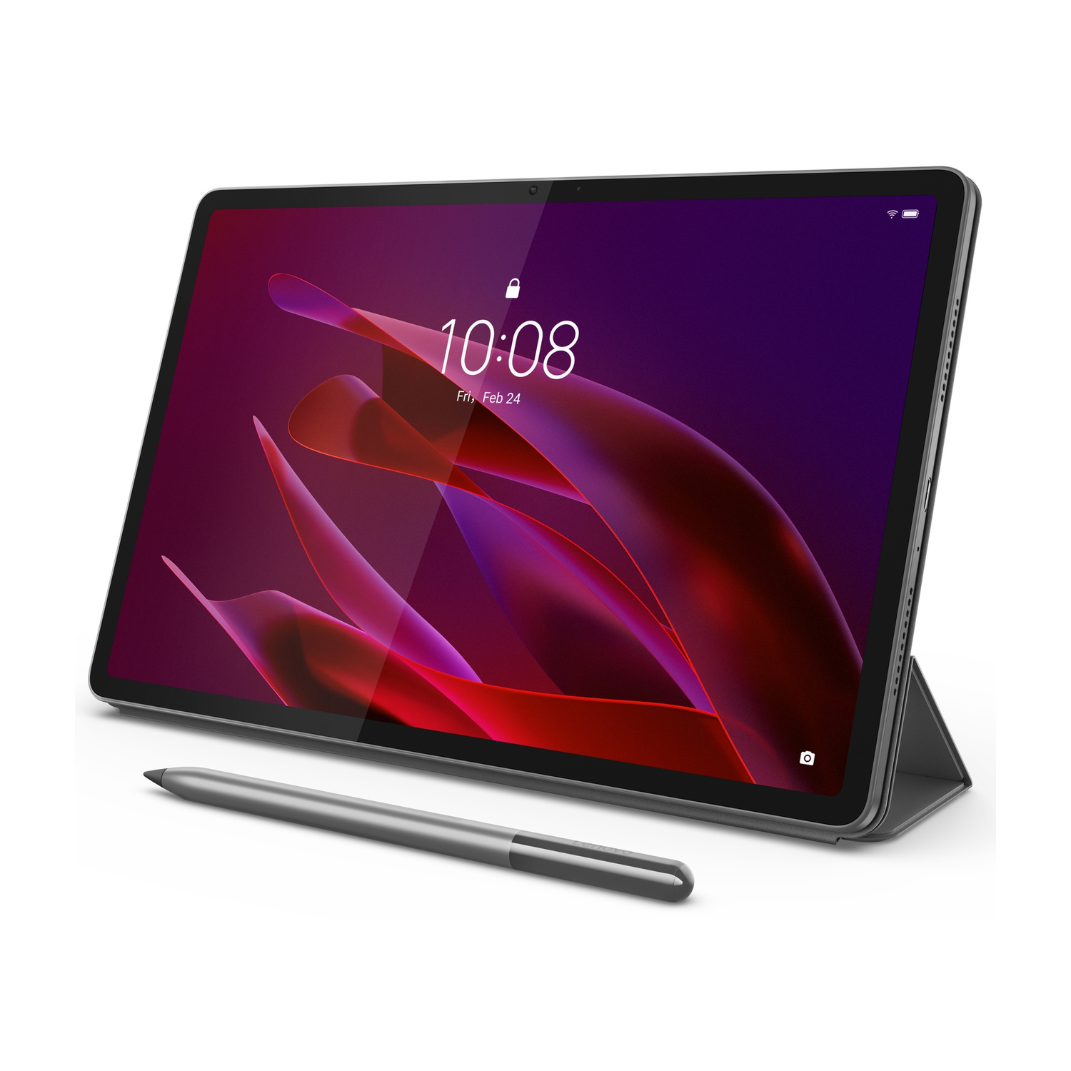 Un tablet grigio con stilo e supporto su sfondo bianco.