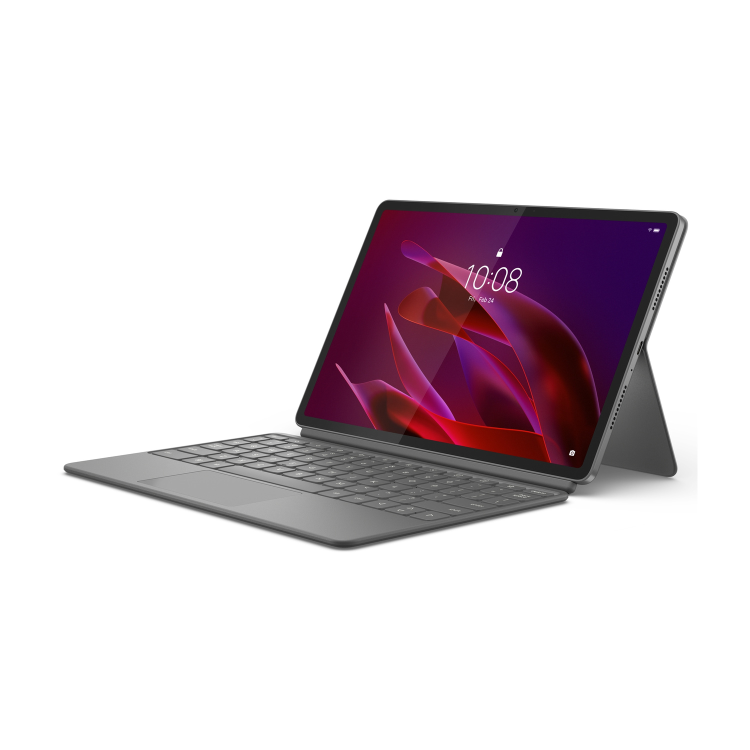 Un tablet grigio con tastiera collegata, che mostra uno sfondo viola.