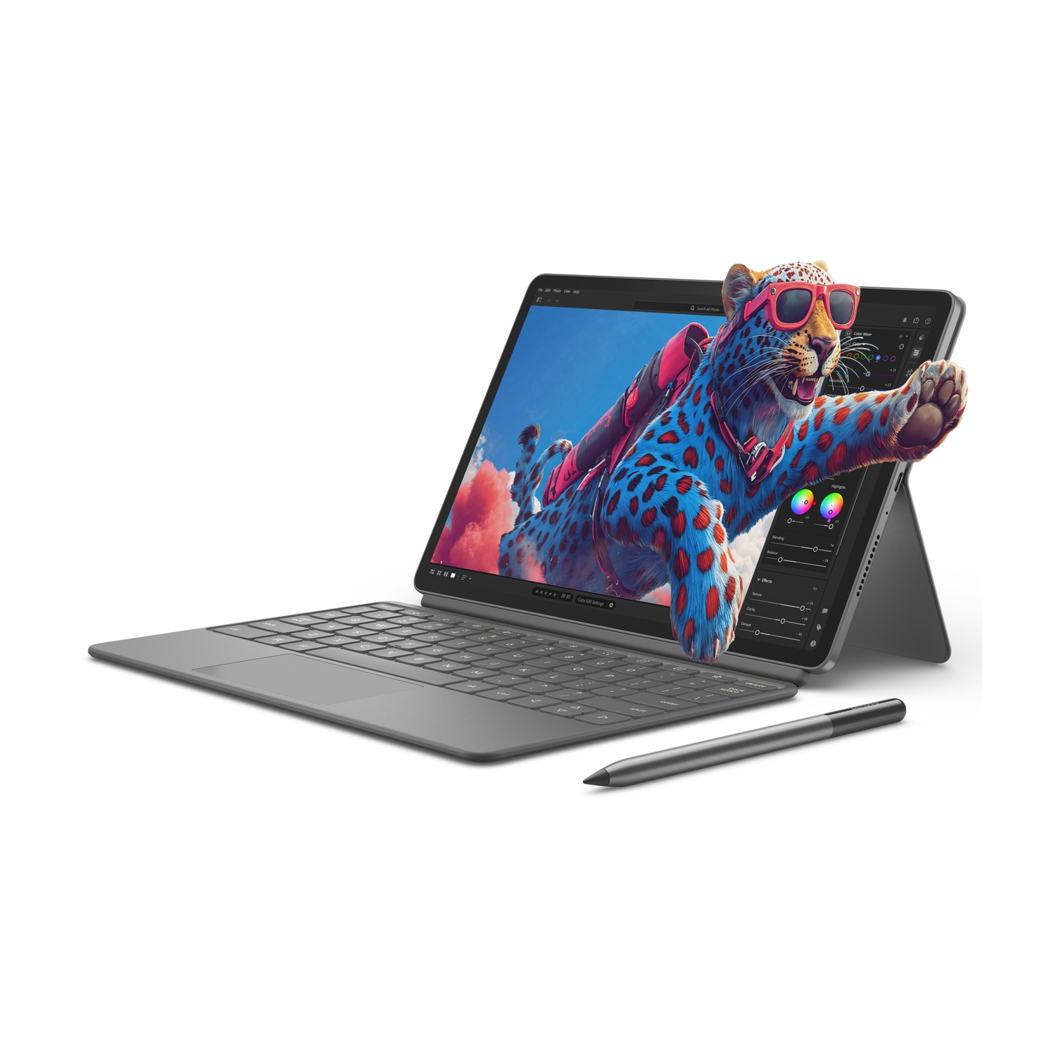 Un leopardo blu con occhiali da sole sullo schermo di un laptop, con una penna accanto.