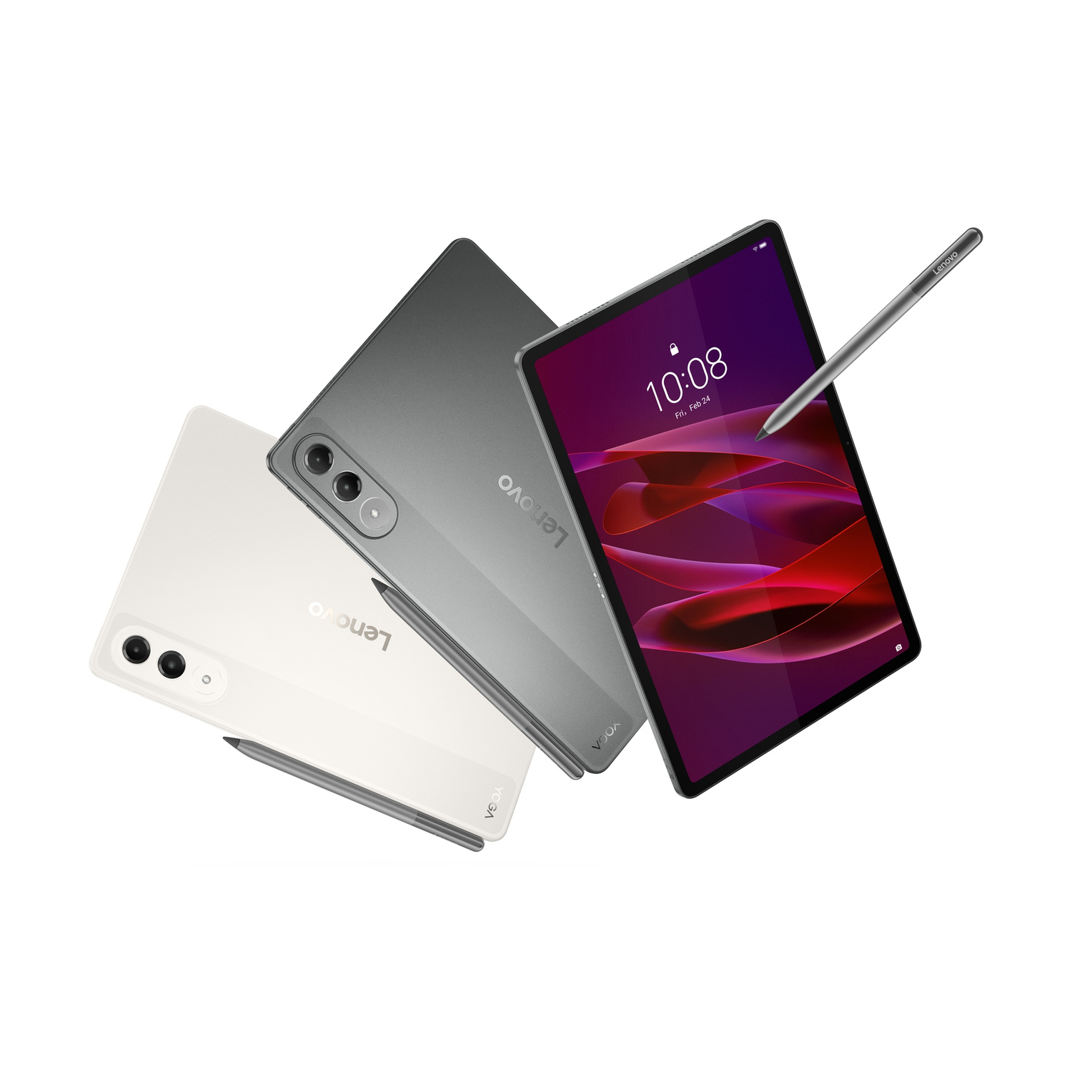 Due tablet Lenovo, uno bianco, uno grigio, con stilo. Quello grigio mostra la schermata di blocco.