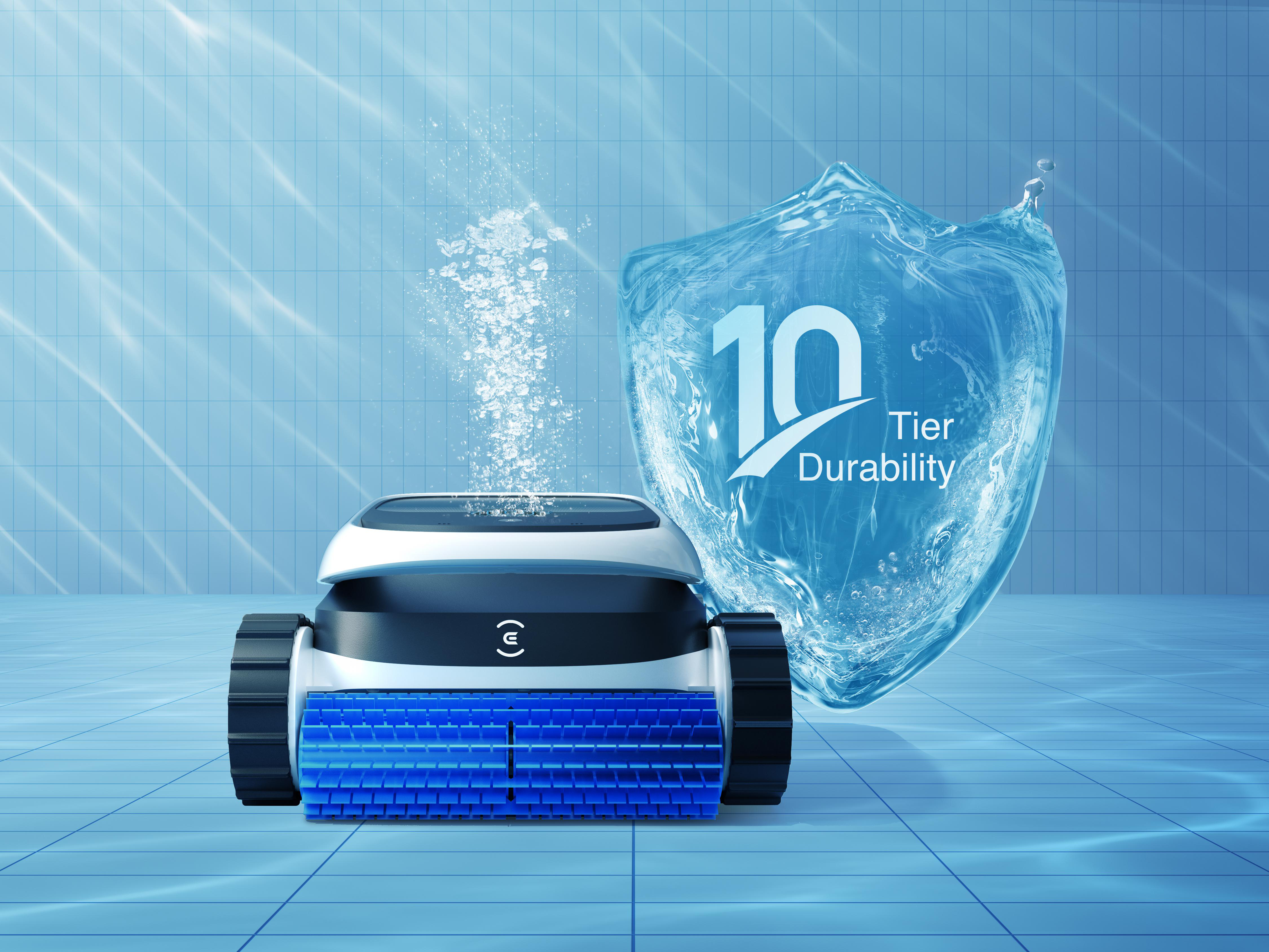 Ein Poolreiniger mit blauer Bürste steht neben einem Schild mit der Aufschrift 10 Tier Durability.