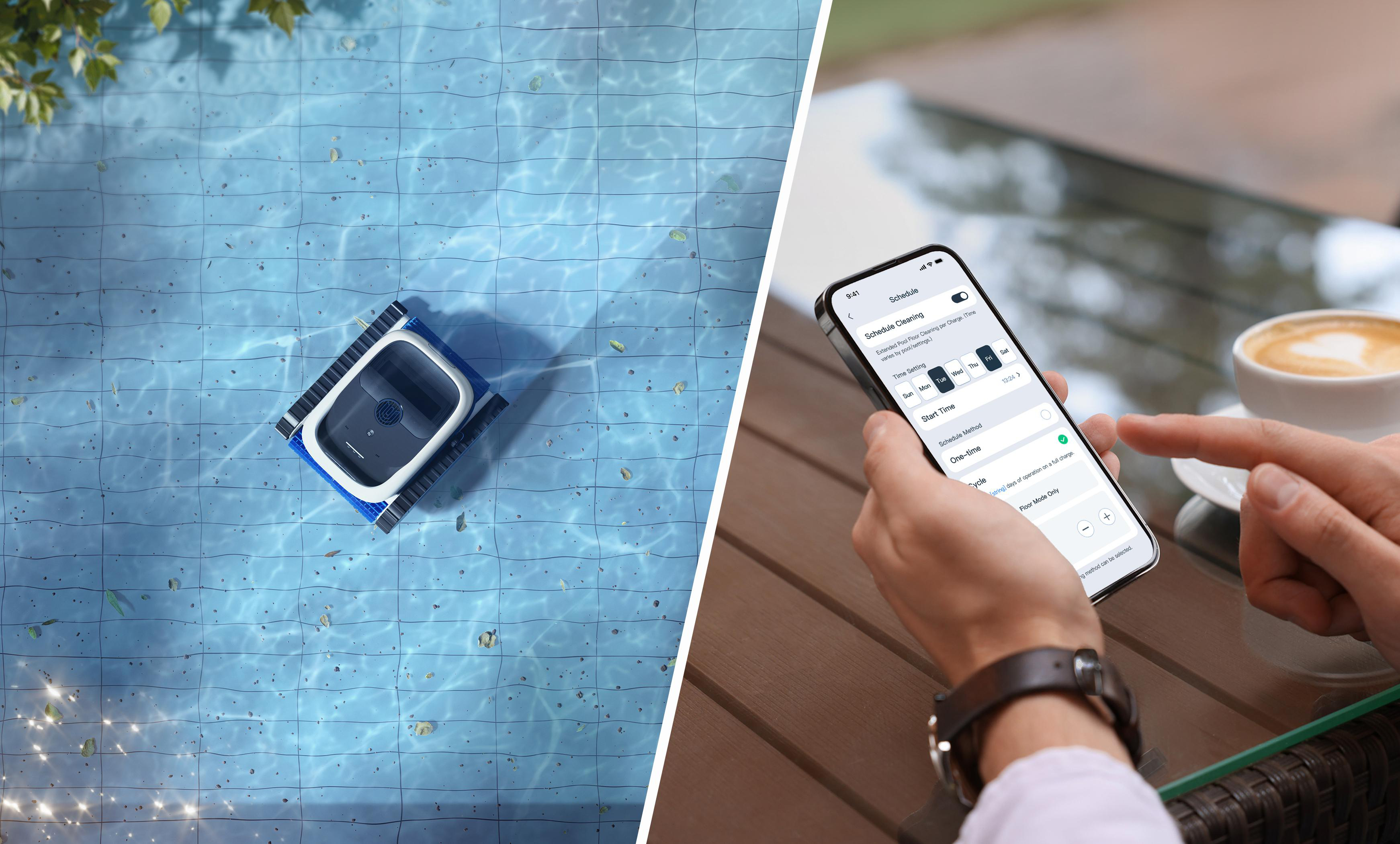 Ein Poolreiniger schwimmt im blauen Wasser; daneben wird eine App auf einem Handy gezeigt.