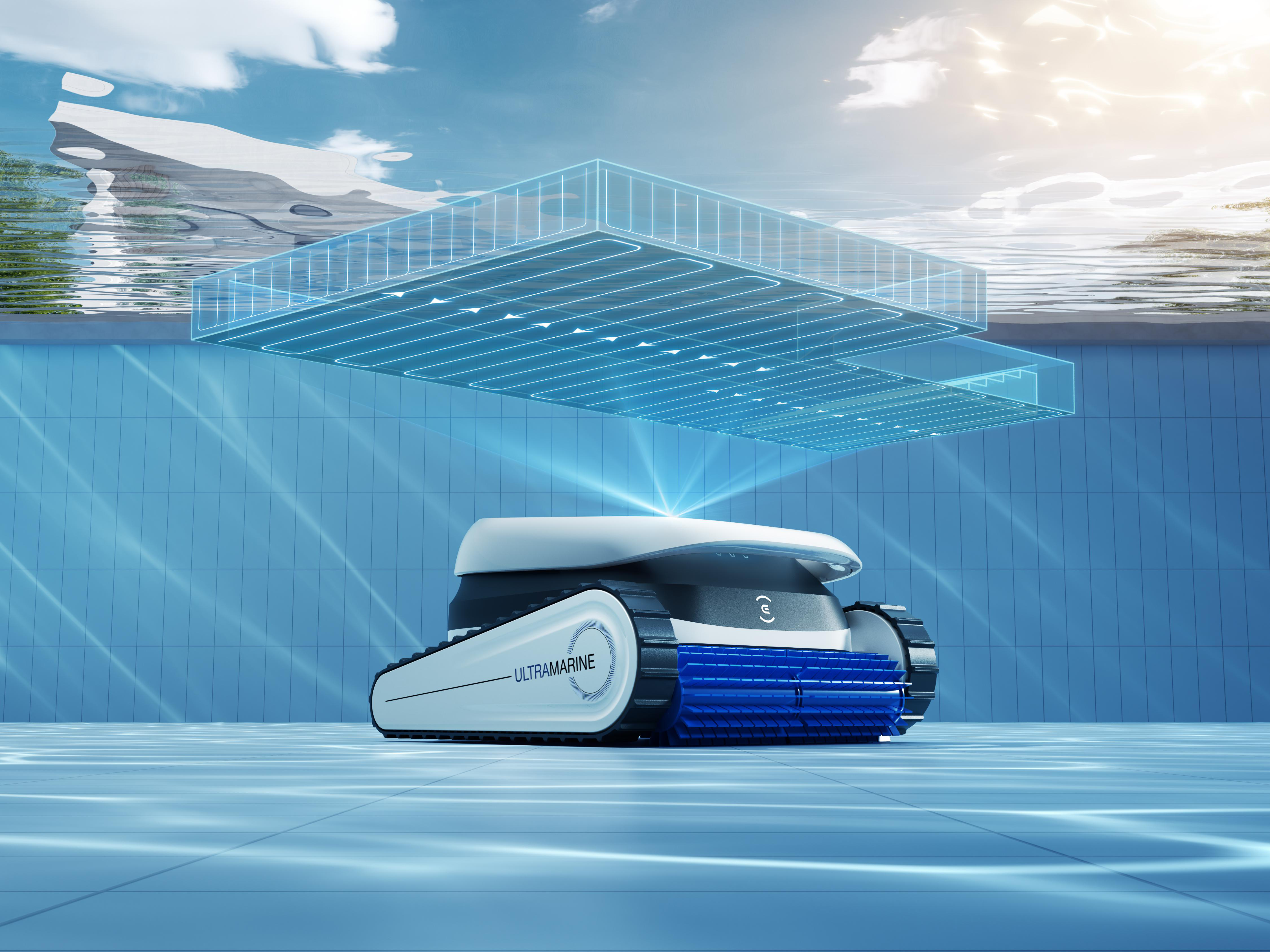 Ein weißer Poolroboter mit blauen Bürsten auf blau gefliestem Boden.