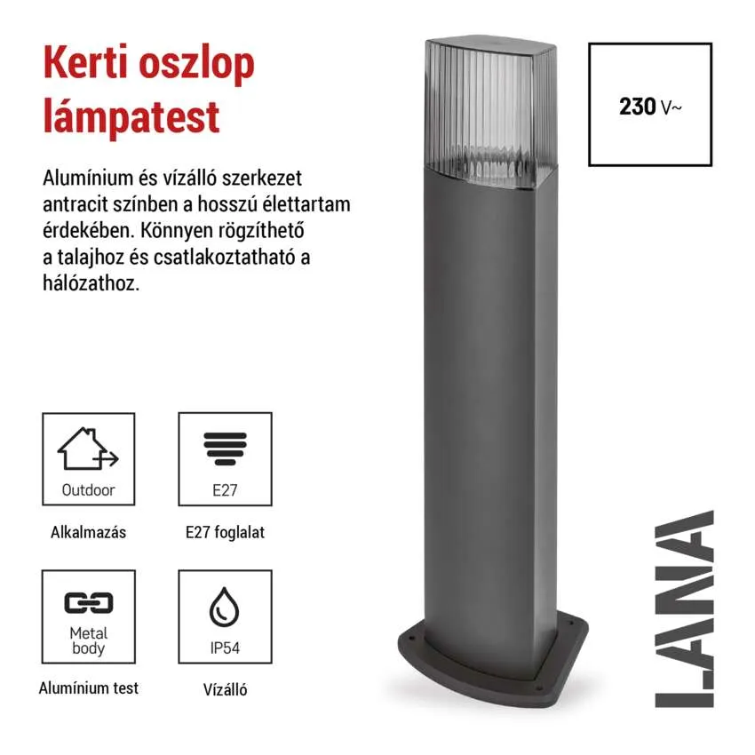 Sötétszürke kerti lámpatest, bordázott búrával, 230V, E27 foglalattal.