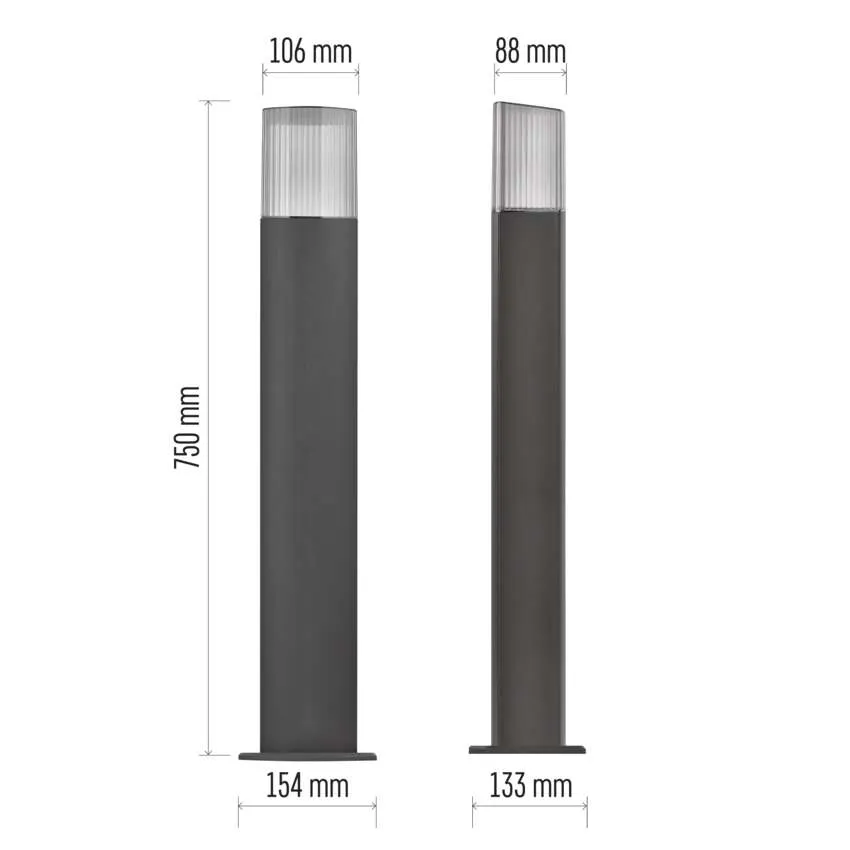 Két sötét oszloplámpa méretekkel, egyik 750mm magas.