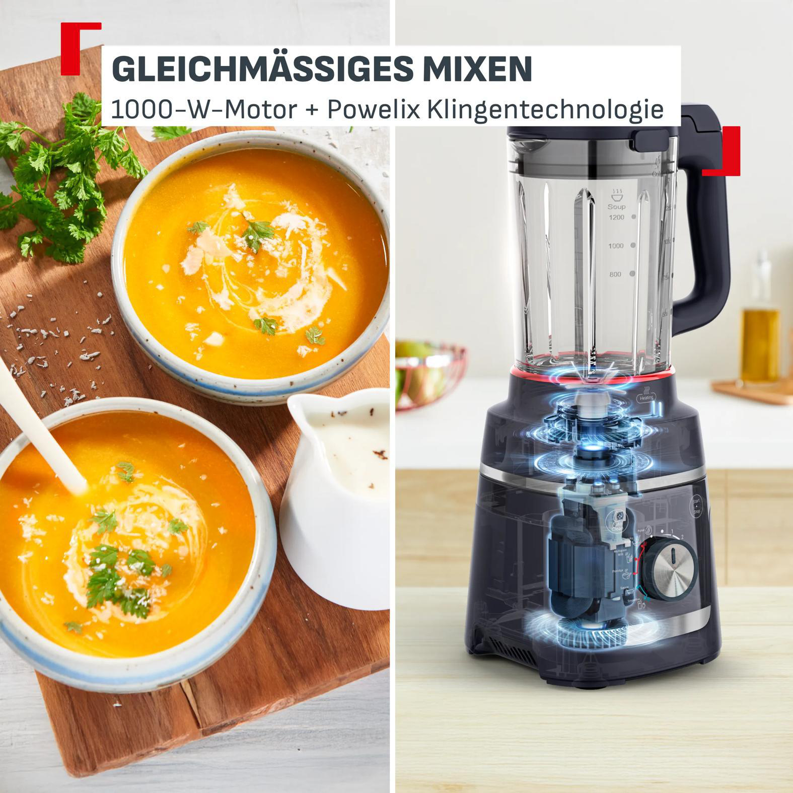 Zwei Schüsseln Kürbissuppe neben einem Mixer mit geöffnetem Gehäuse.