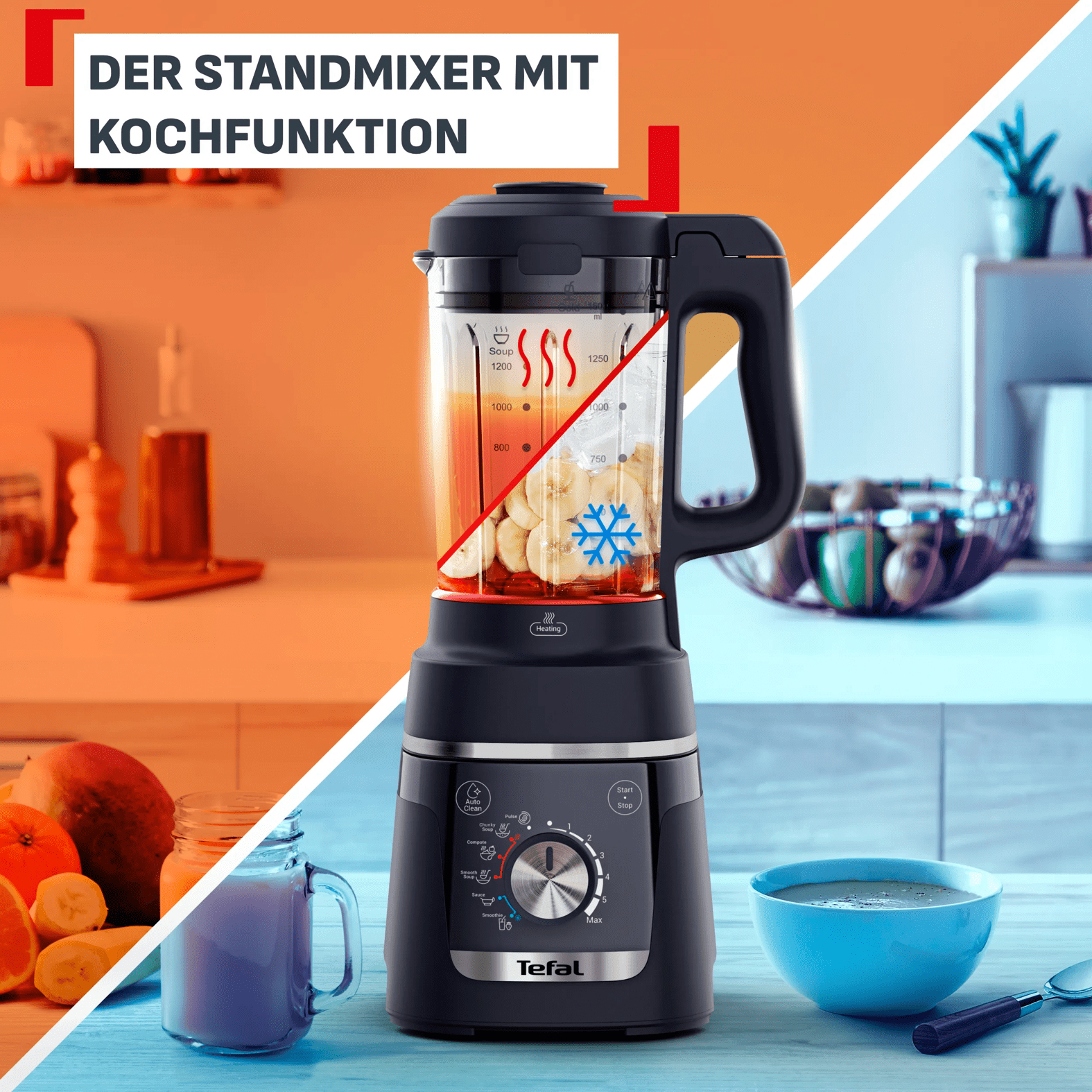 Ein schwarzer Standmixer mit Kochfunktion steht auf einem Tisch. Er zeigt Zutaten und Eis.