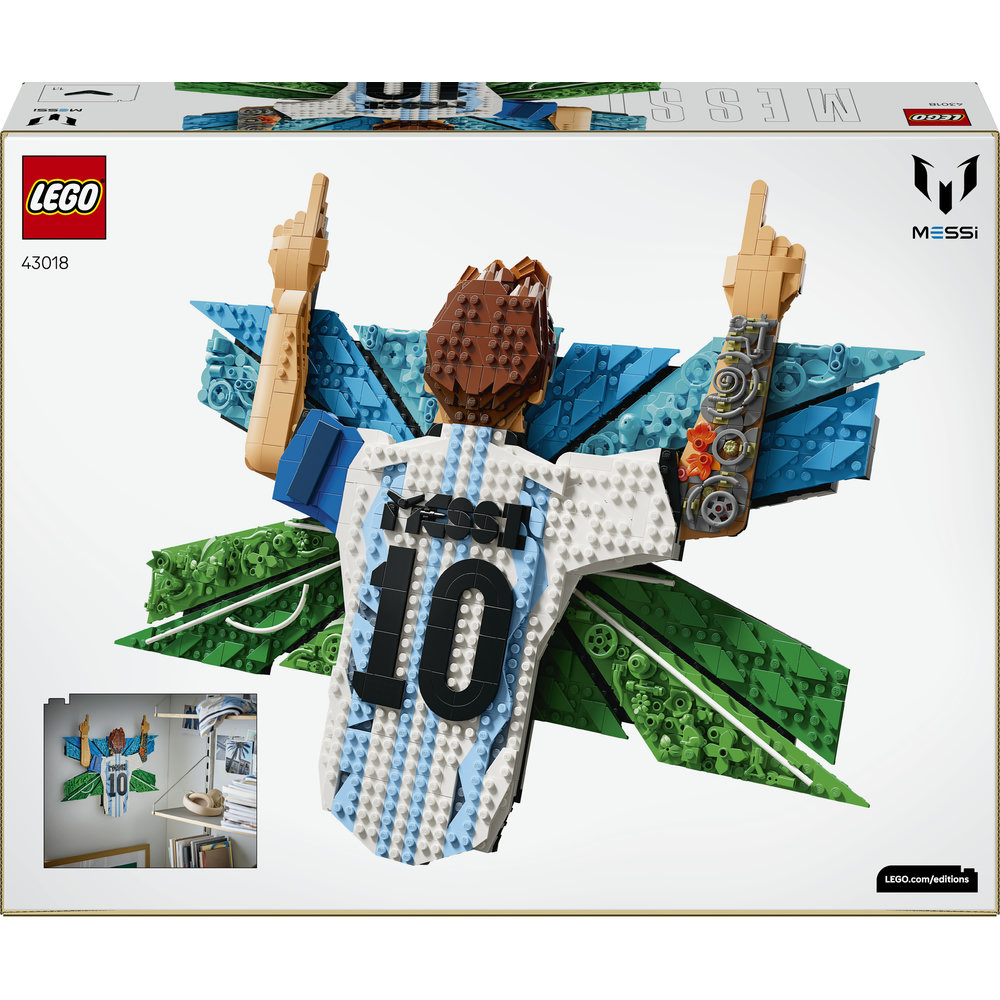 Lego-Modell von Messi mit Trikot Nr. 10 und Flügeln, auf der Verpackung.