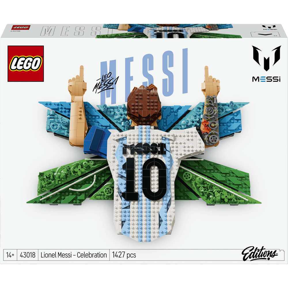 LEGO-Bausatz von Lionel Messi-Trikot mit Nummer 10 und Händen, die nach oben zeigen.