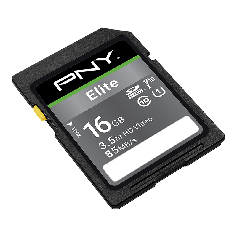 PNY Elite 16GB SD-Karte mit 3,5 Std. HD-Video und 85 MB/s Geschwindigkeit.