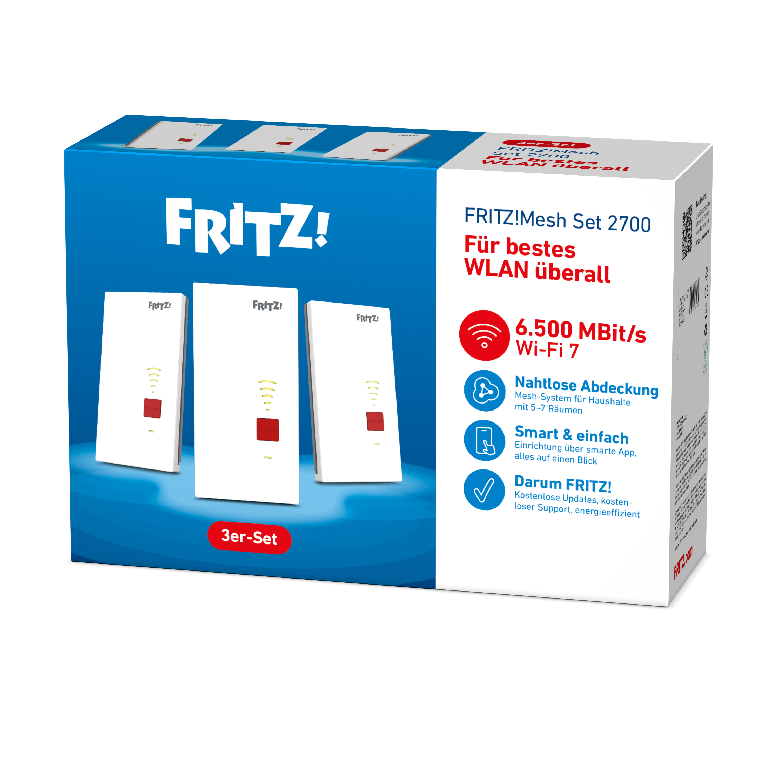 FRITZ!Mesh Set 2700 mit drei weißen Geräten auf blauem Hintergrund.