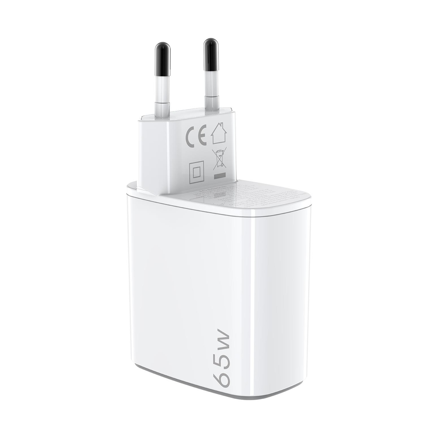 Un adattatore bianco da 65W con due pin e marchio CE.